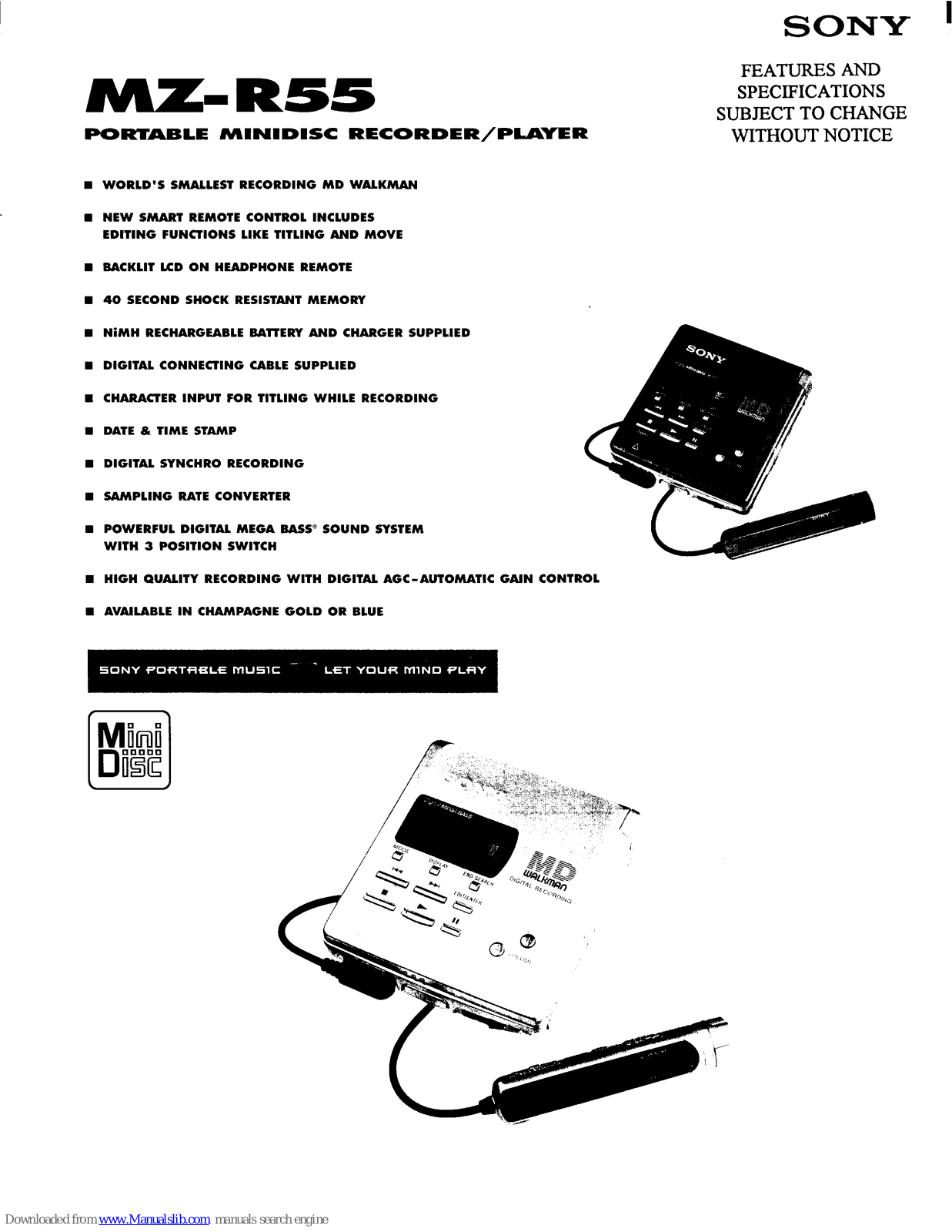 Sony MZ-R55,MD Walkman MZ-R55 Specification Sheet