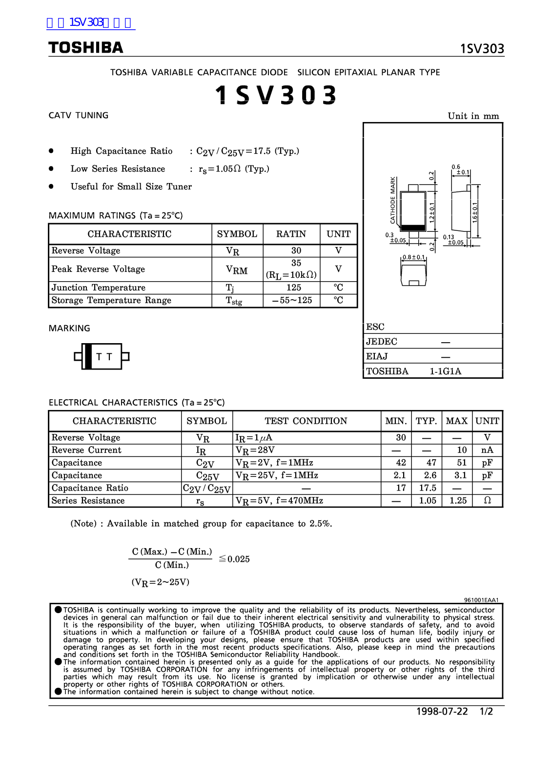 TOSHIBA 1SV303 Technical data