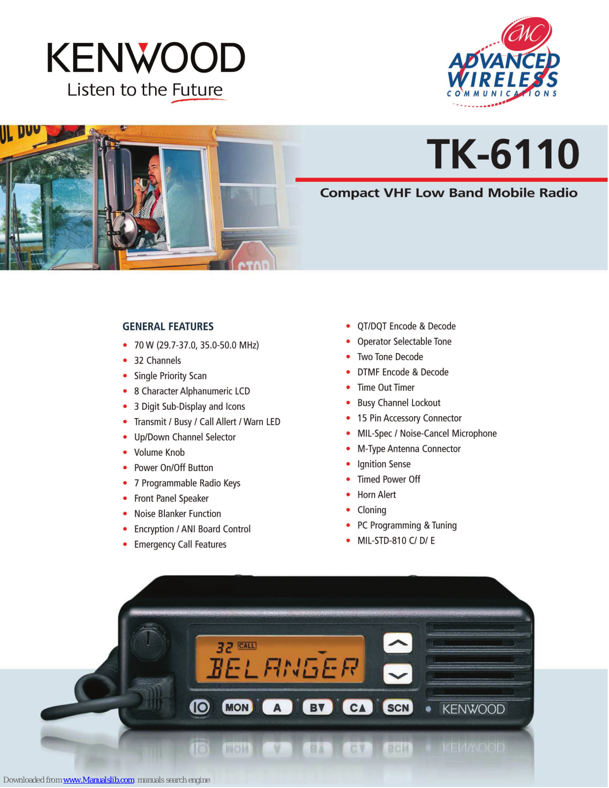 Kenwood Compact VHF Low Band Mobile Radio TK-6110 Brochure & Specs