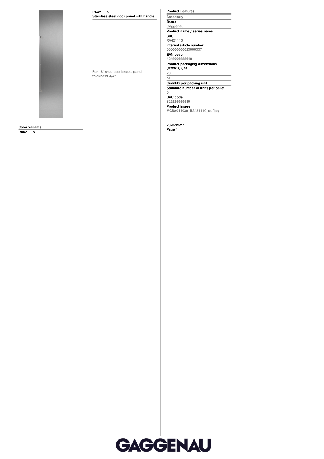 Gaggenau RA421115 Specification Sheet