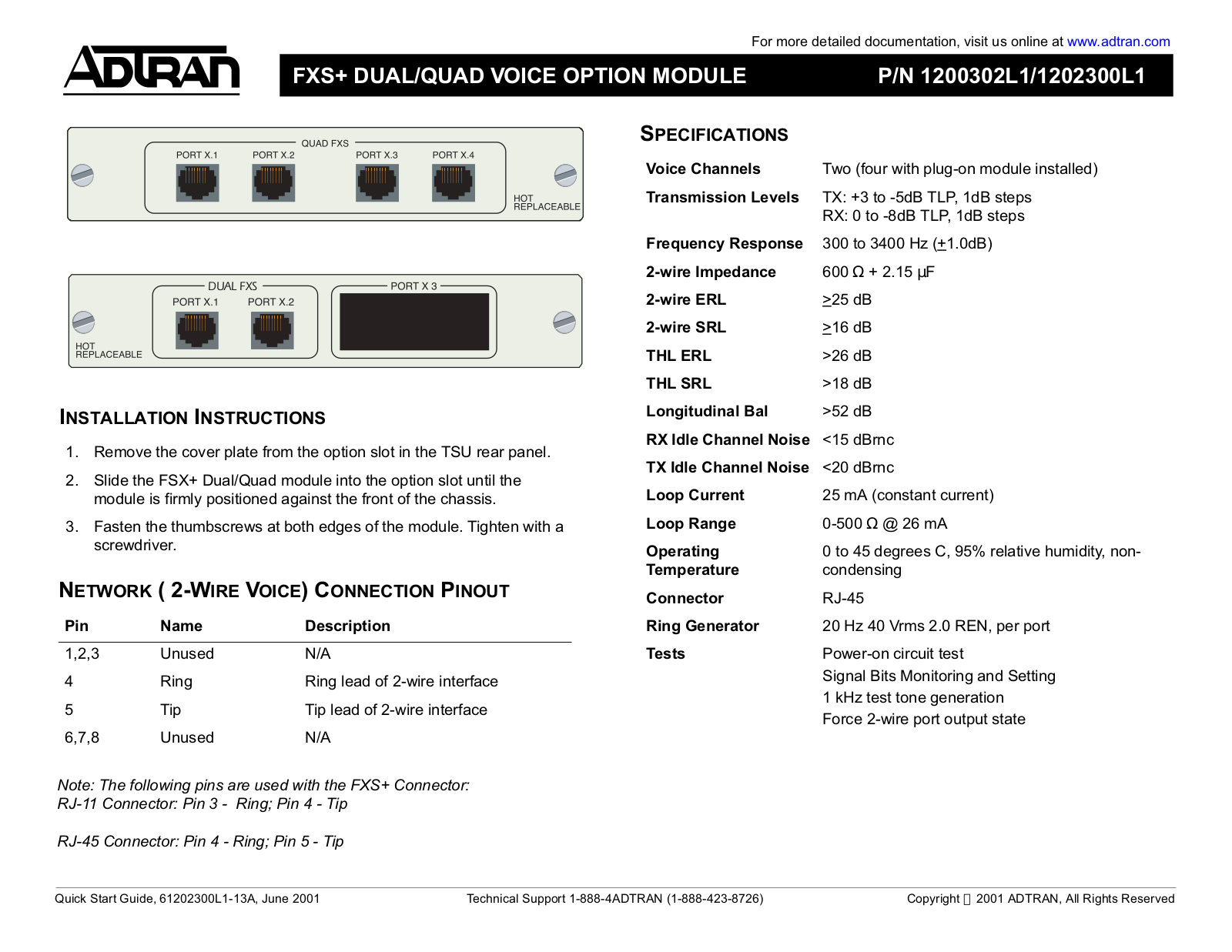 ADTRAN FXS+Dual/Quad  Voice Option Module Quick Start Guide