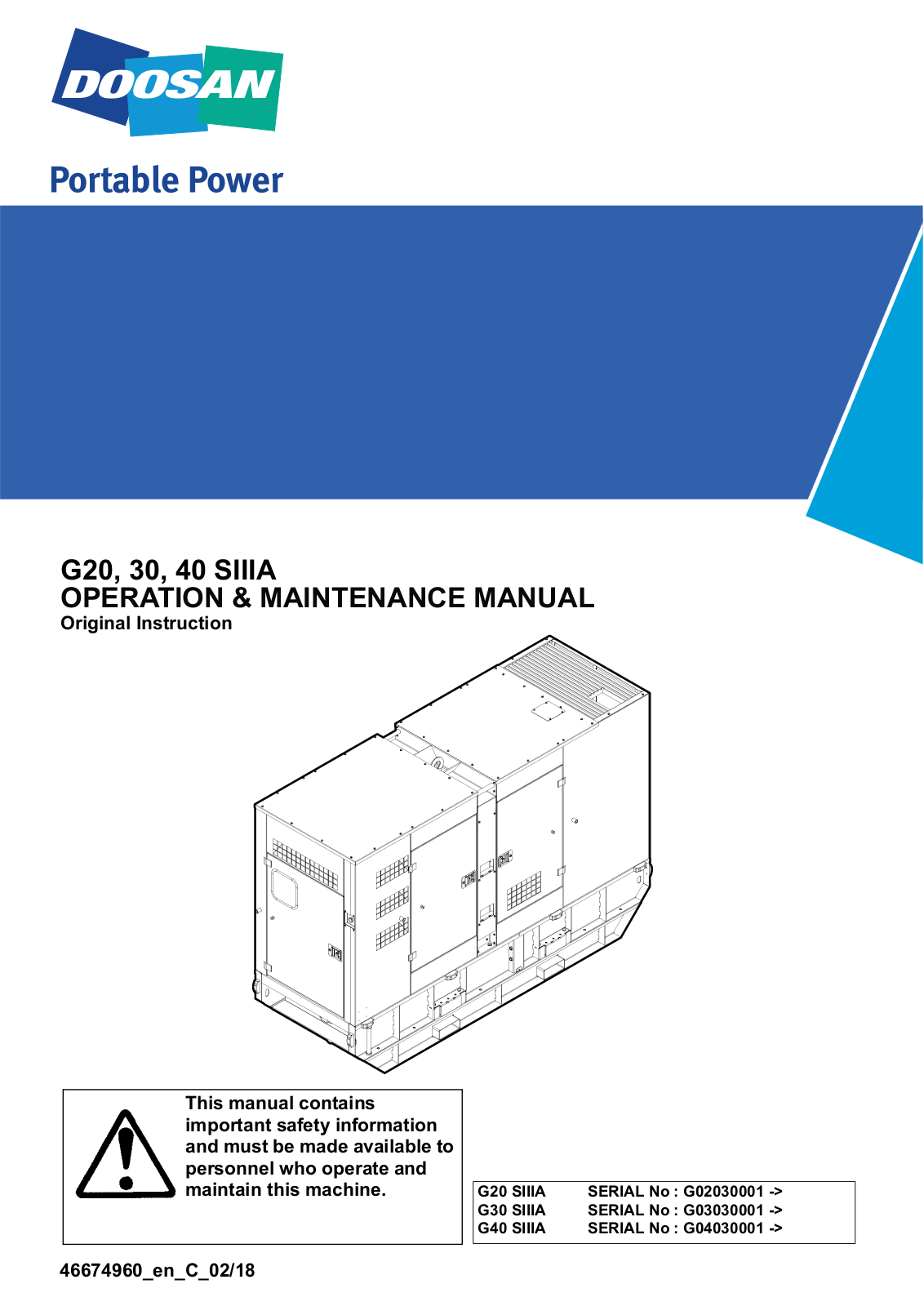 Doosan G20 SIIIA, G30 SIIIA, G40 SIIIA Operation & Maintenance Manual