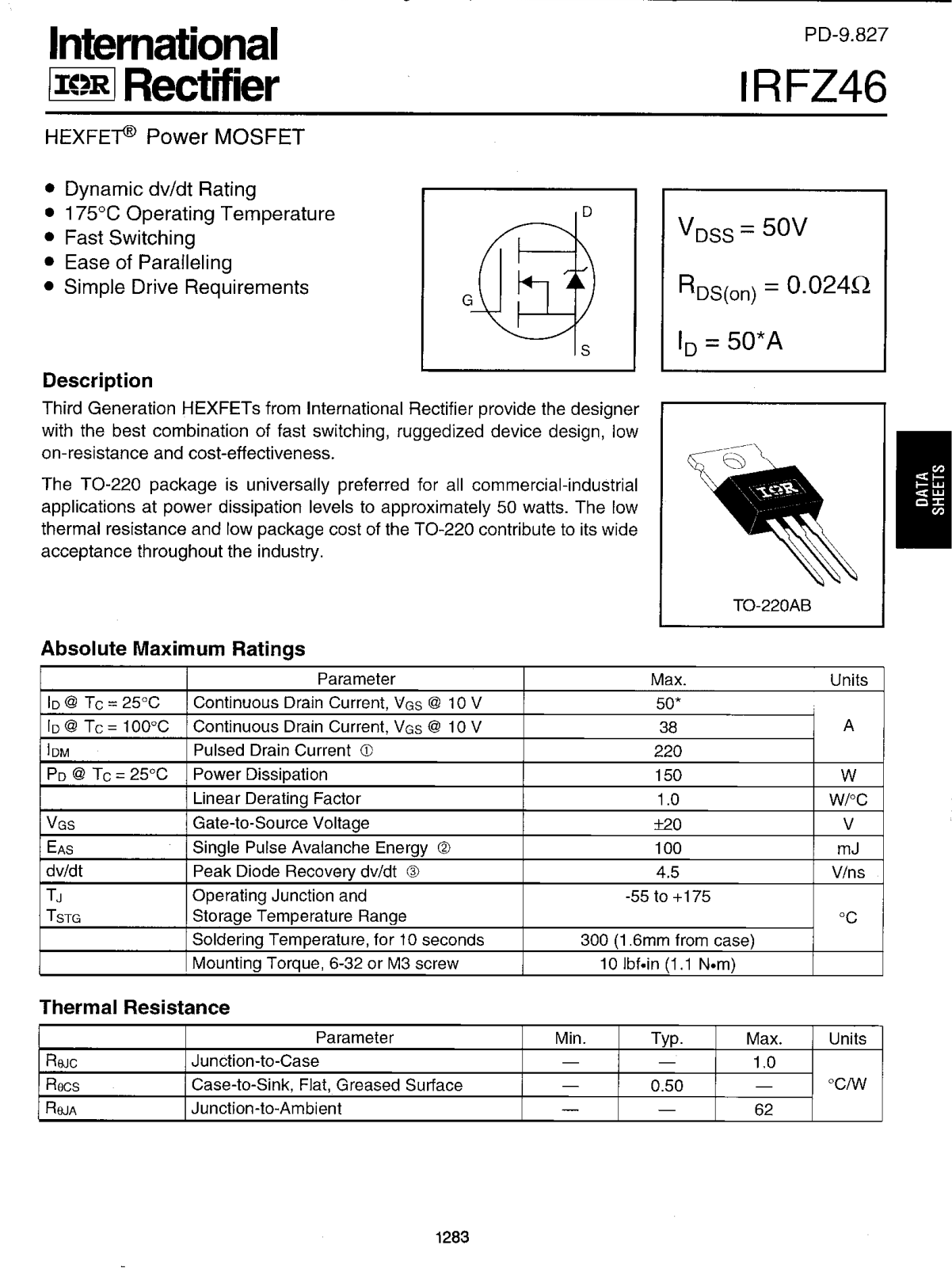 International Rectifier IRFZ46 Datasheet