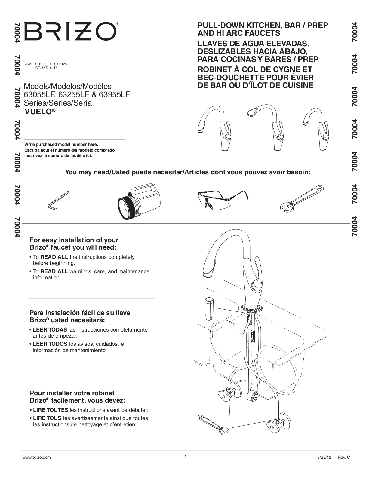 Brizo Vuelo Series, Vuelo 63055LF, Vuelo 63255LF, Vuelo 63955LF Instructions Manual