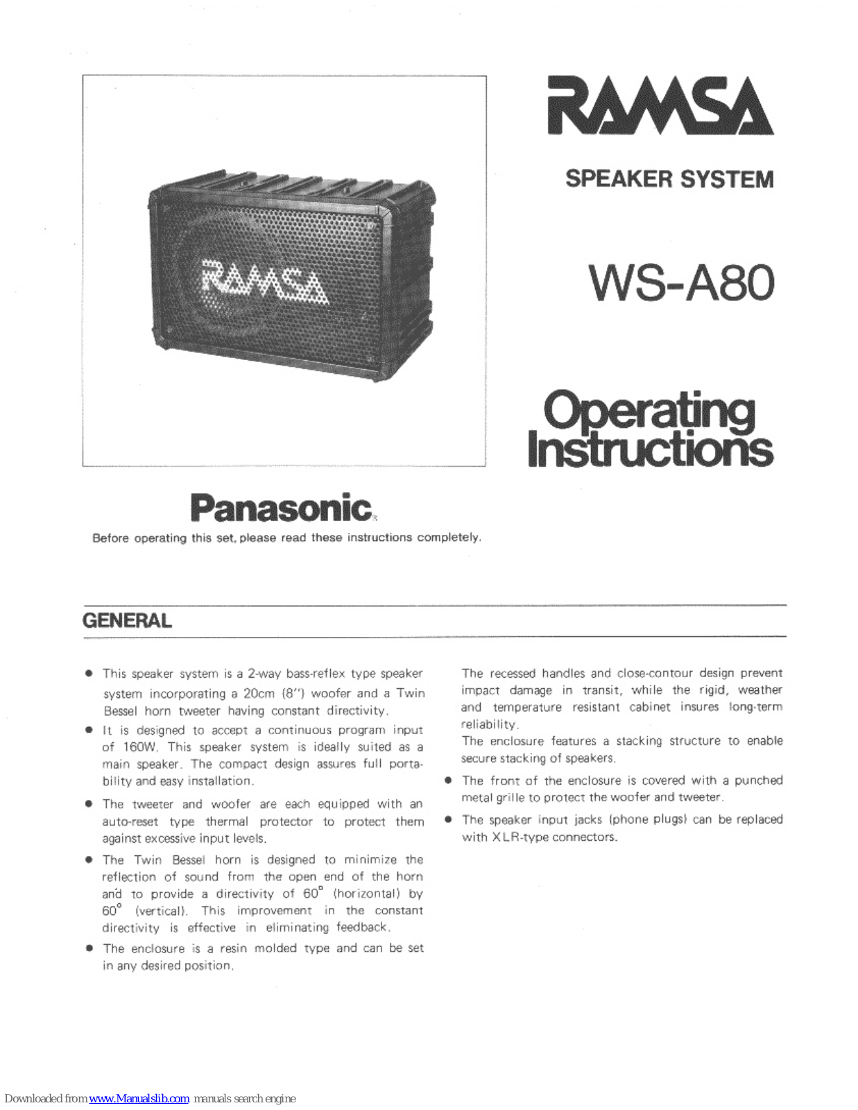 Panasonic Ramsa WS-A80 Operating Instructions Manual