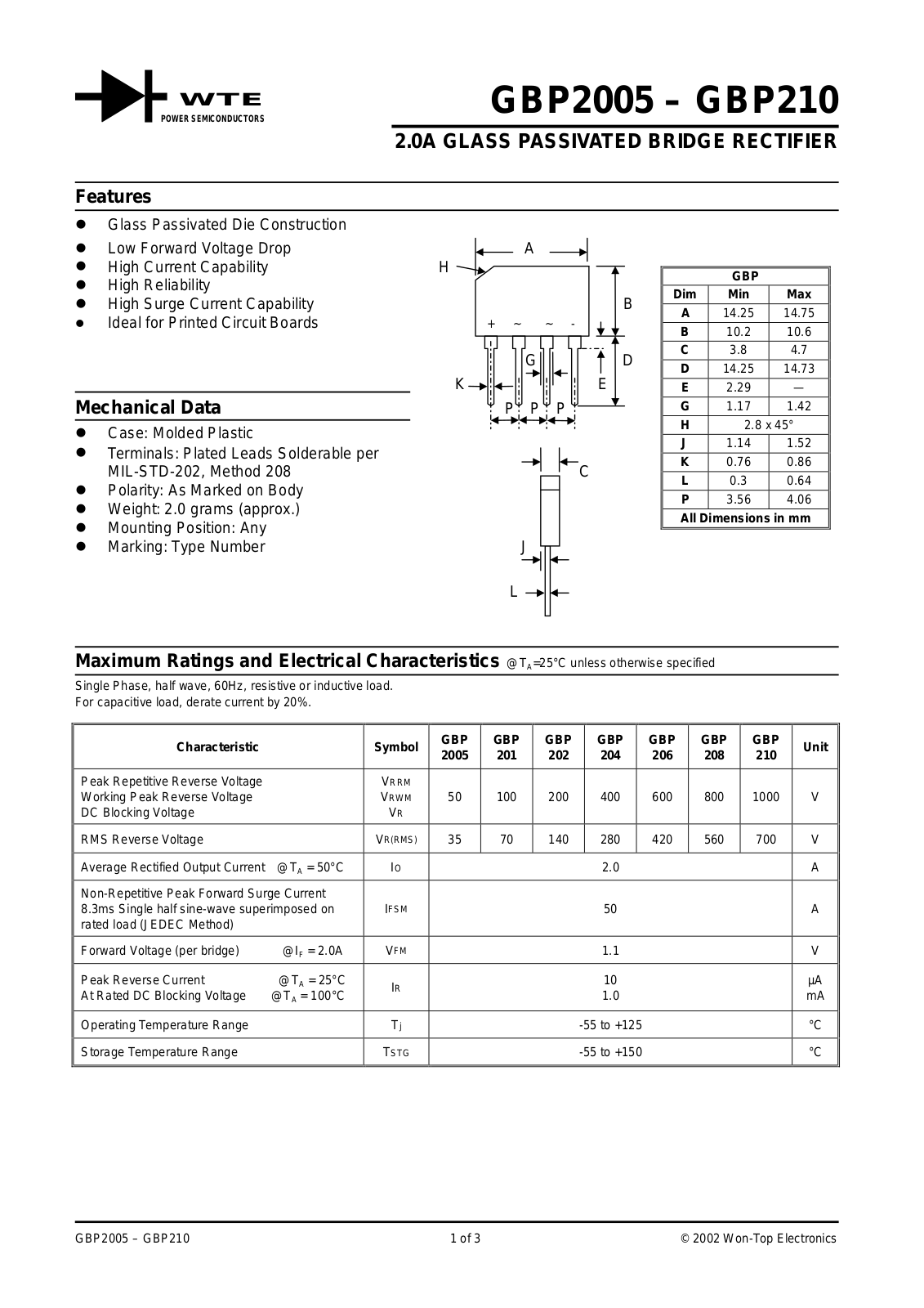 WTE GBP206, GBP204, GBP202, GBP210, GBP208 Datasheet