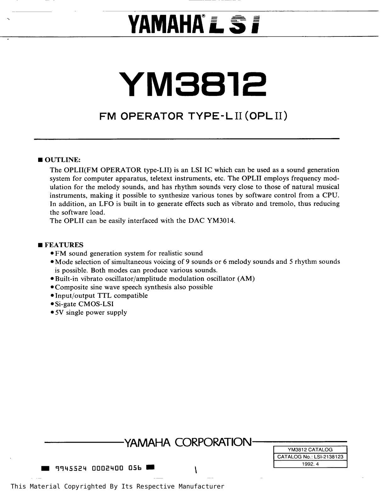 Yamaha YM3812 Datasheet