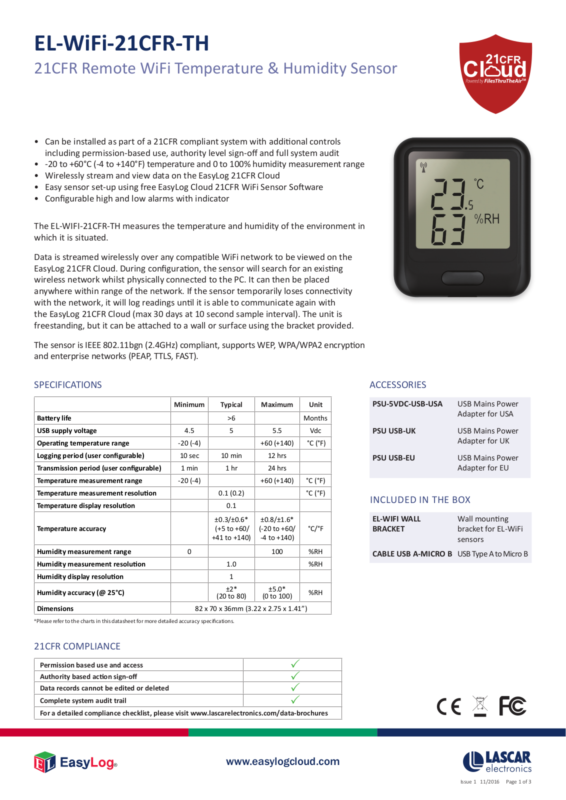 Lascar EL-WIFI-21CFR-TH Data Sheet