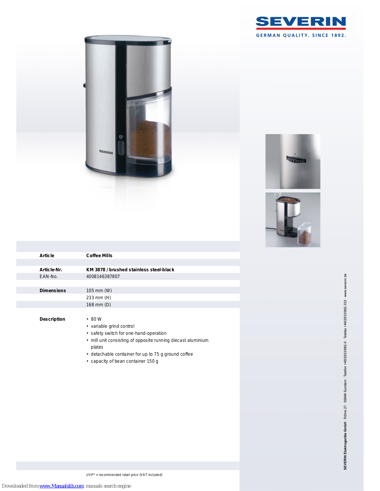 SEVERIN KM 3878,KM 3878 Dimensions