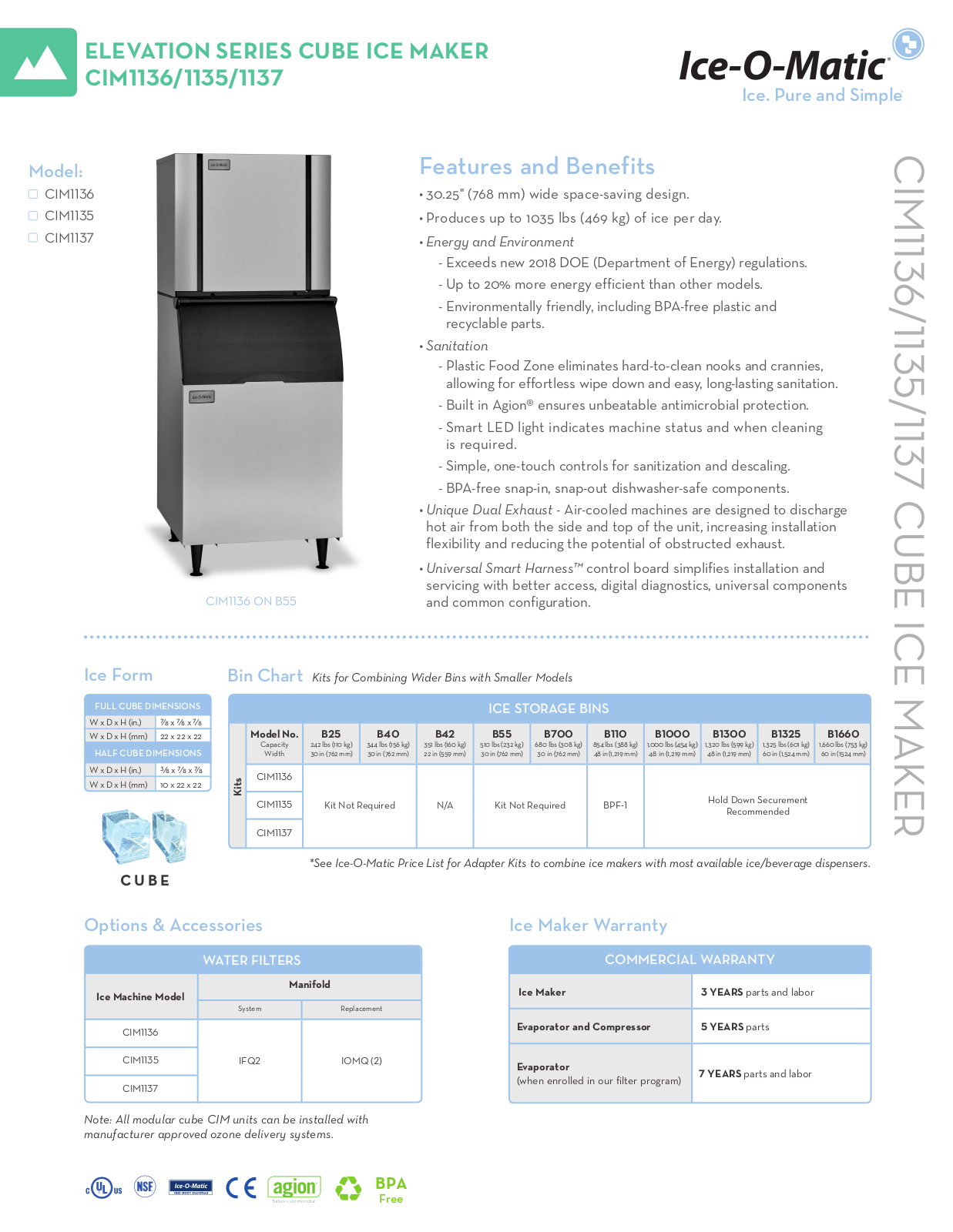 Ice-O-Matic CIM1137HW, CIM1136HW Specifications