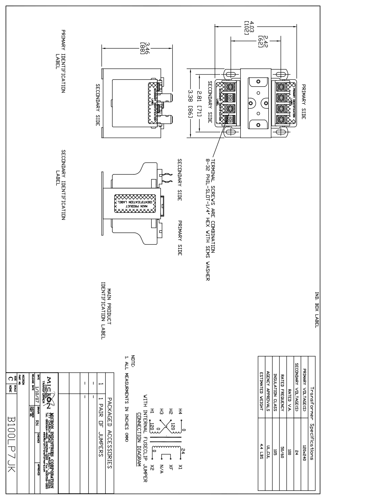 Micron Industries B100LP7JK Specification Sheet