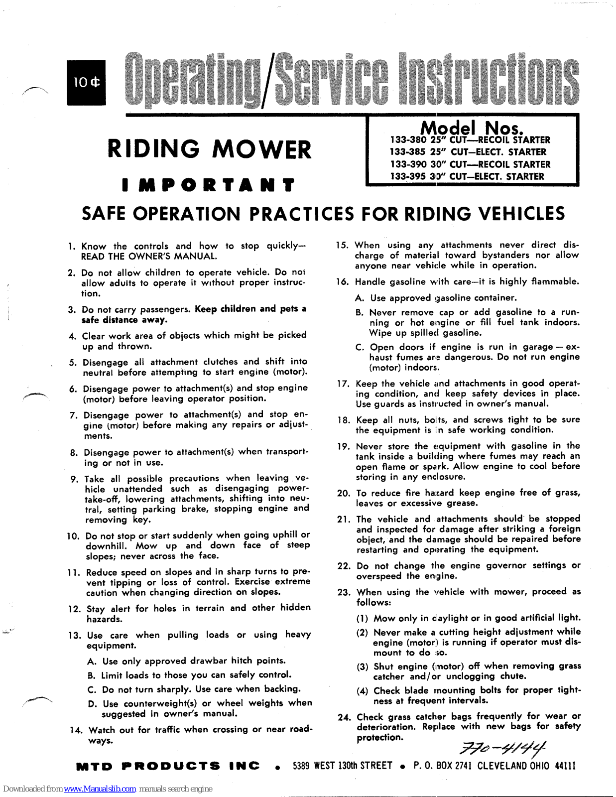 MTD 133-380 25-inch, 133-380 30-inch, 133-385-25-inch, 133-390-30-inch, 133-395-30-inch Operating/service Instructions Manual