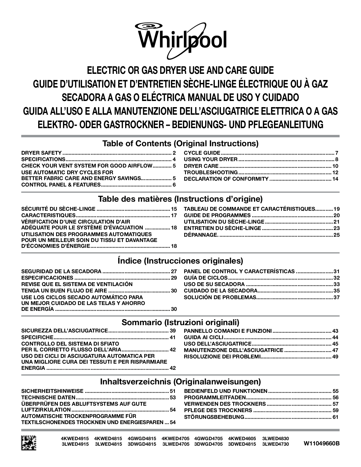 Whirlpool 3LWED4705FW, 3DWGD4815FW, 3LWED4815FW, 4KWED4915FW, 3LWED4830FW Owner's Manual