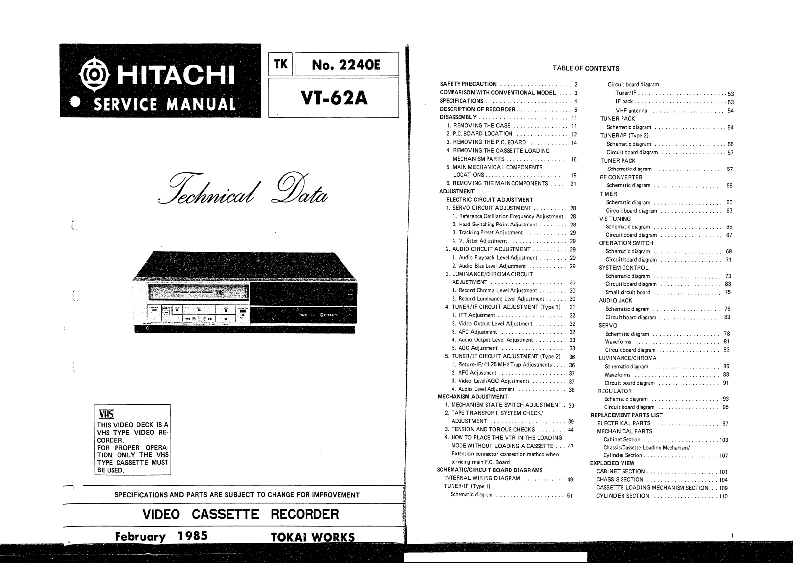 Hitachi VCR VT62A Schematic