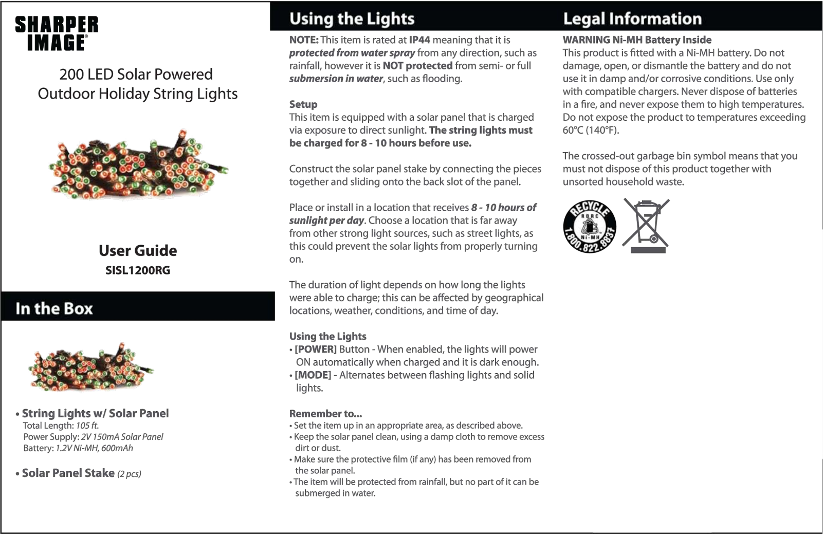 Sharper image SISL1200RG User Manual