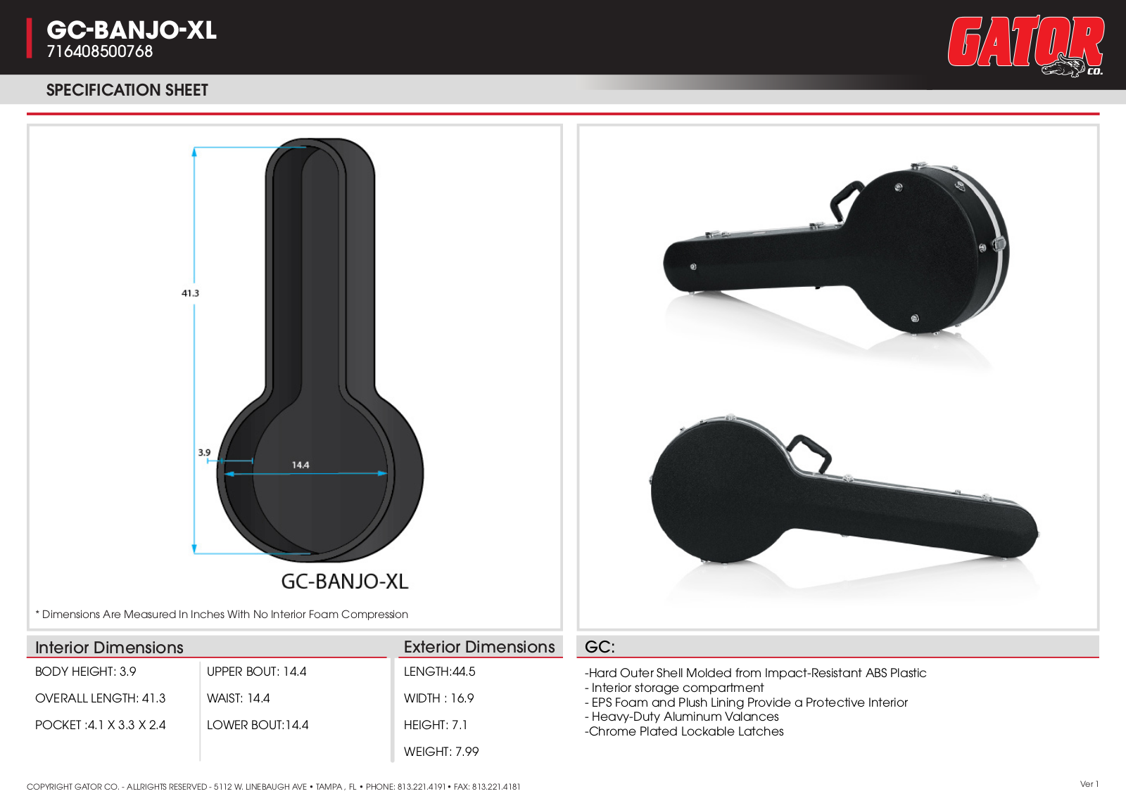 Gator GC-BANJO-XL Specifications