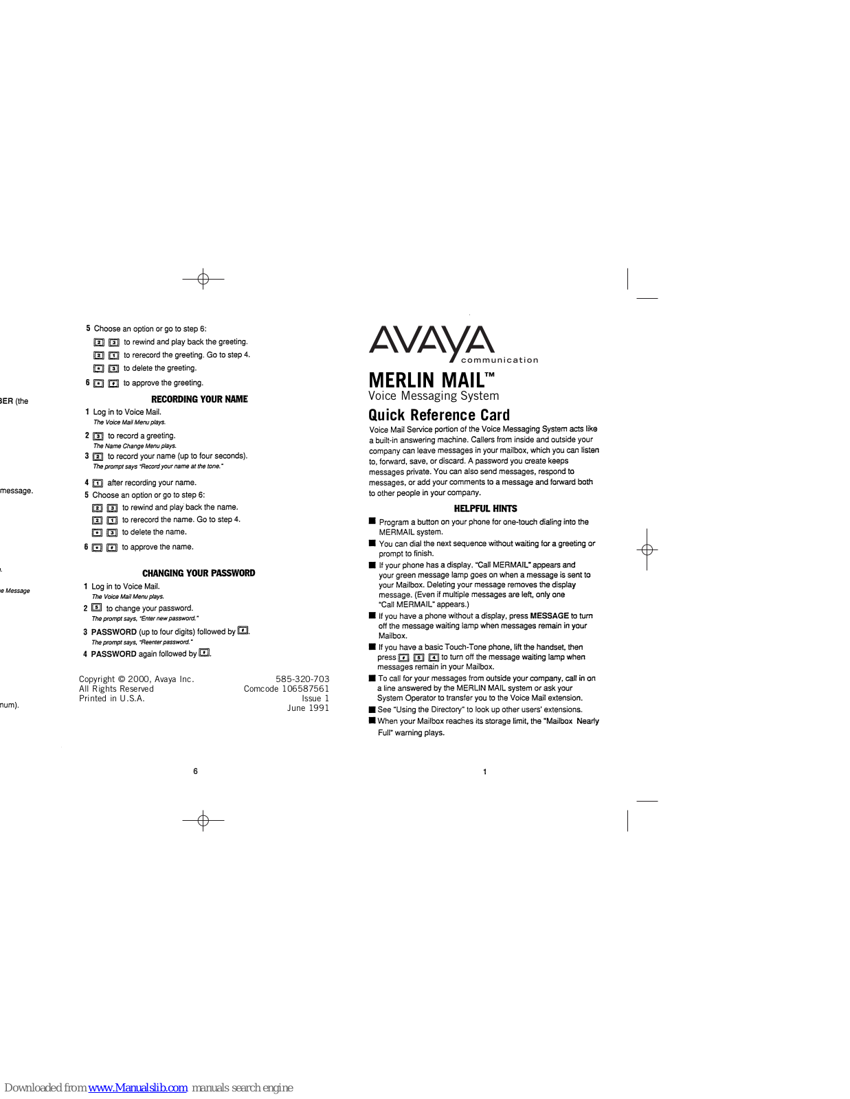 Avaya MERLIN MAIL Quick Reference Card