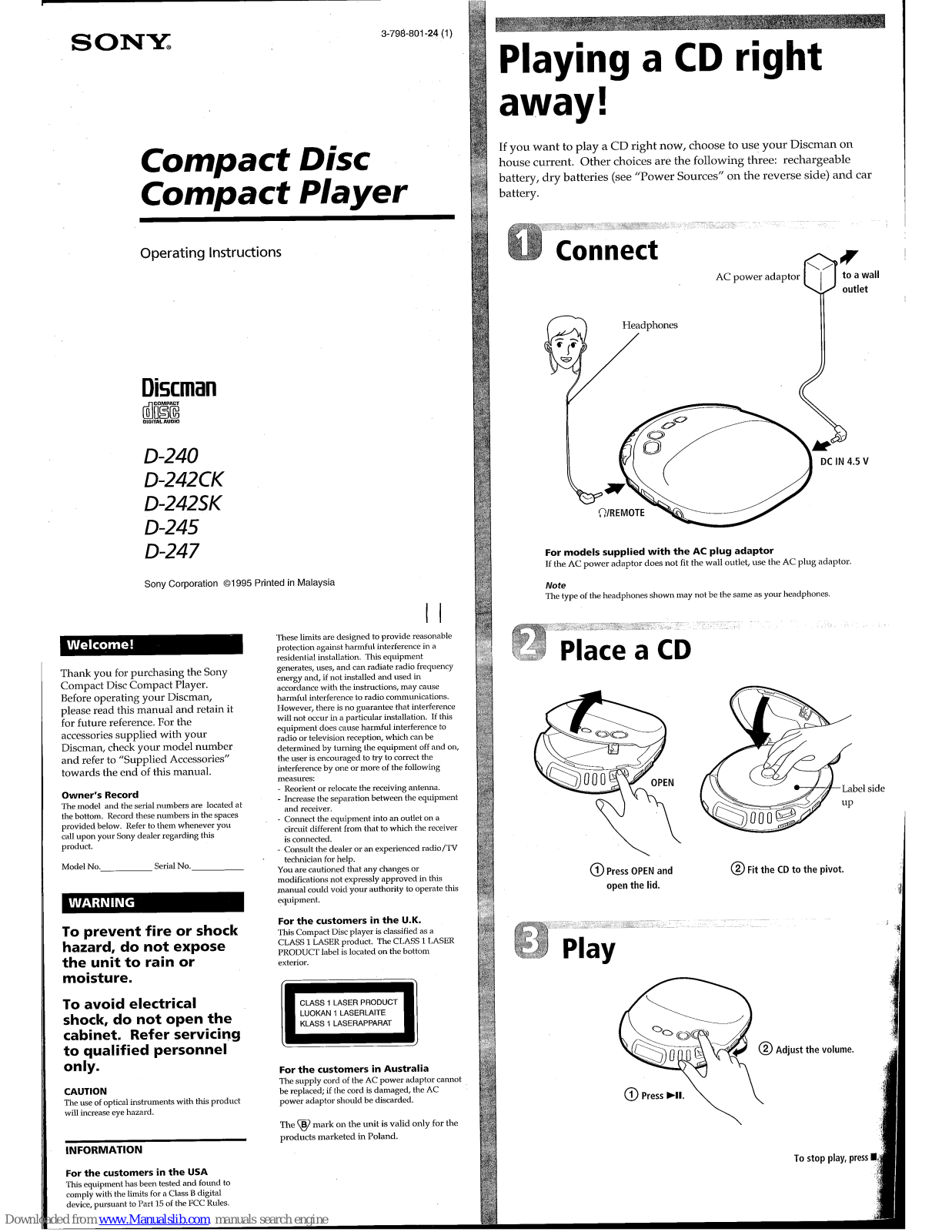 Sony D-240/D-242CK/D-242SK/D-245/D-247, Discman D-240, Discman D-242CK, Discman D-242SK, Discman D-245 Operating Instructions Manual