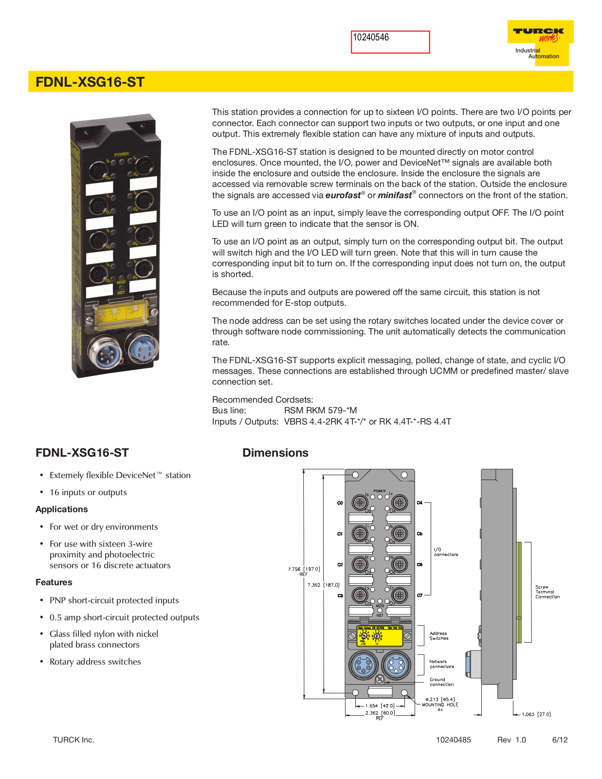 Turck FDNL-XSG16-ST Data Sheet