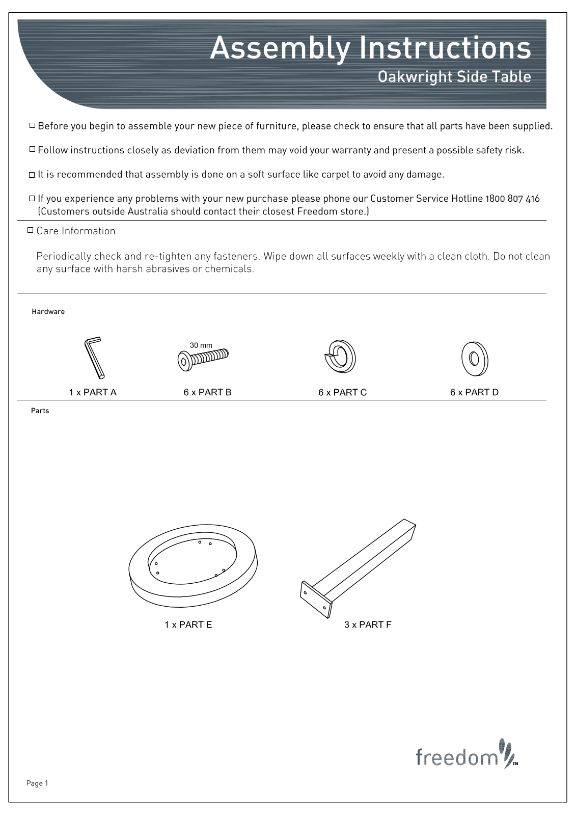 Freedom Oakwright Side Table Assembly Instruction