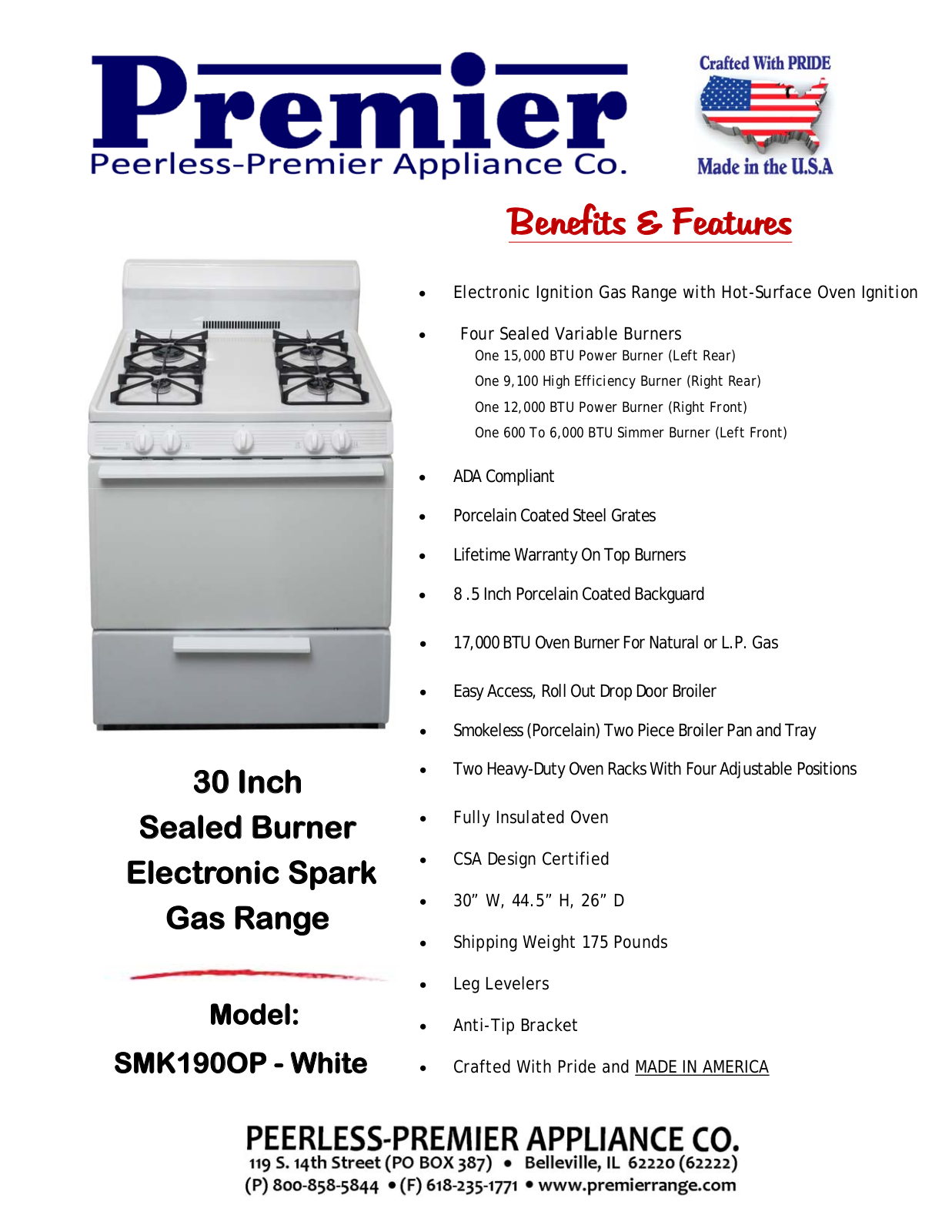 Premier SMK190OP Specsheet - ManualMachine.com