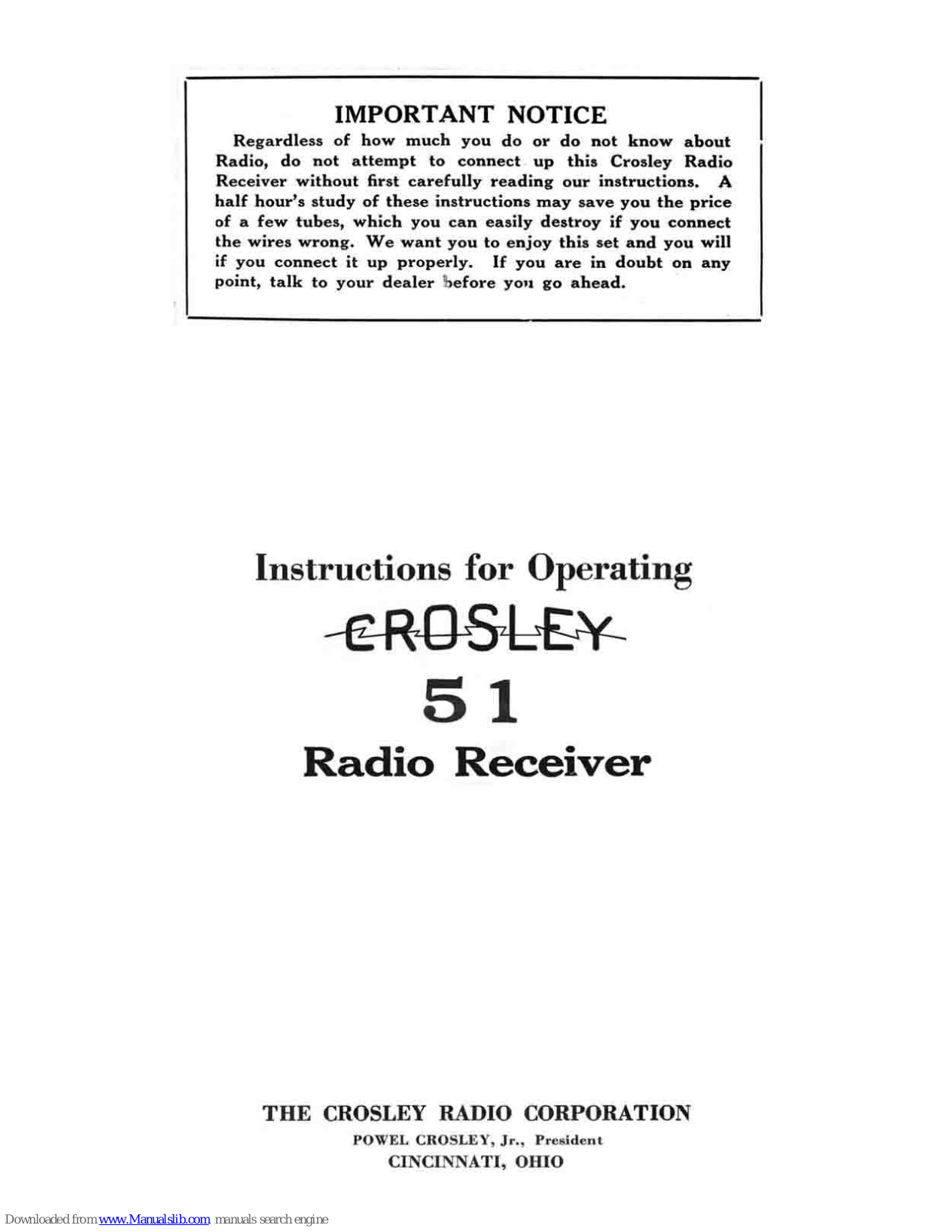 Crosley 51 Instructions For Operating Manual