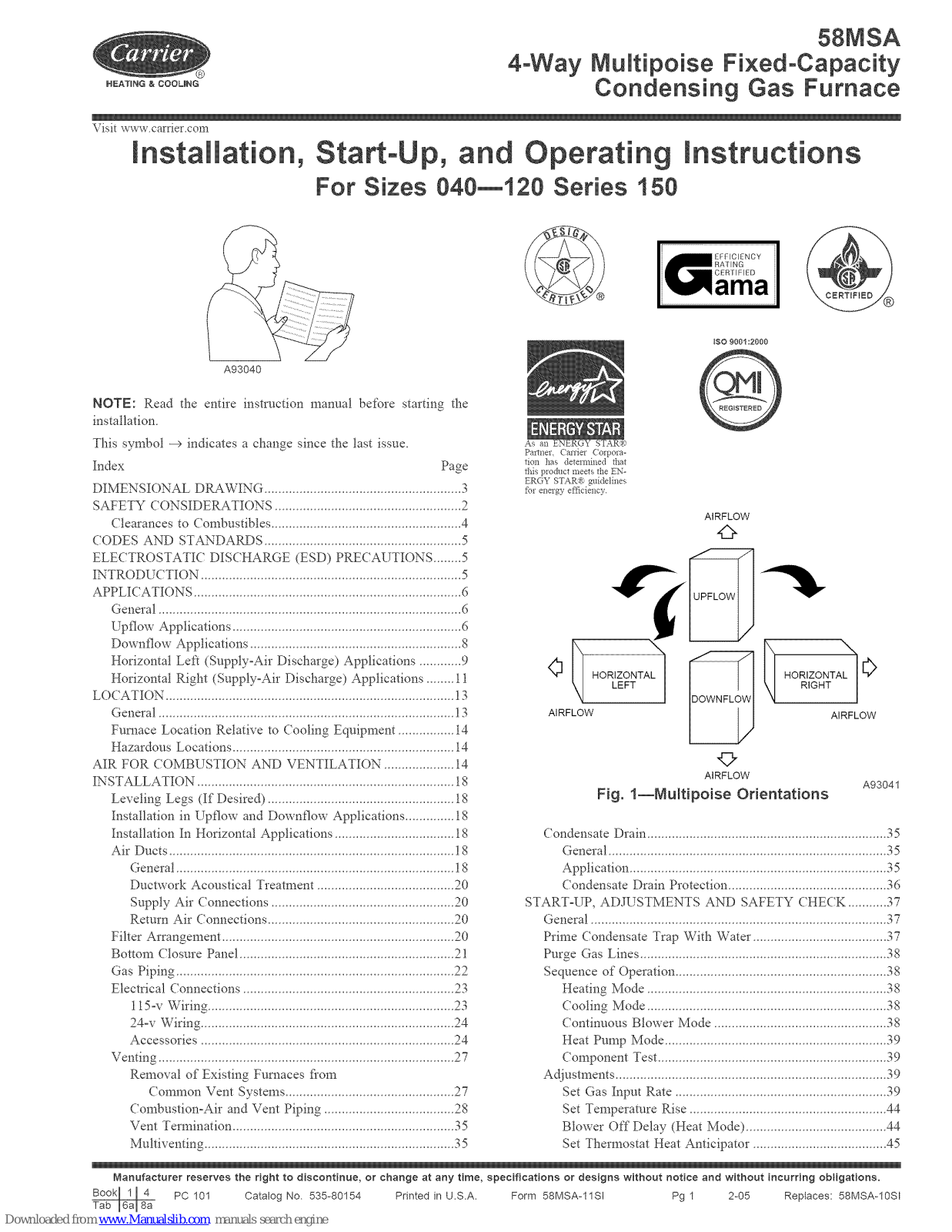 Carrier 58MSA060-16, 58MSA040-12, 58MSA080-12, 58MSA080-16, 58MSA080-20 Installation, Start-up, And Operating Instructions Manual - ManualMachine.com