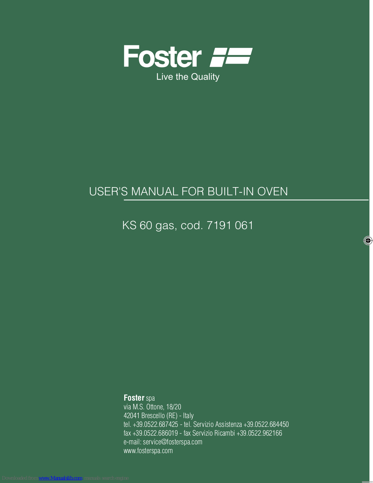 Foster KS 60 gas, cod. 7191 061 User Manual