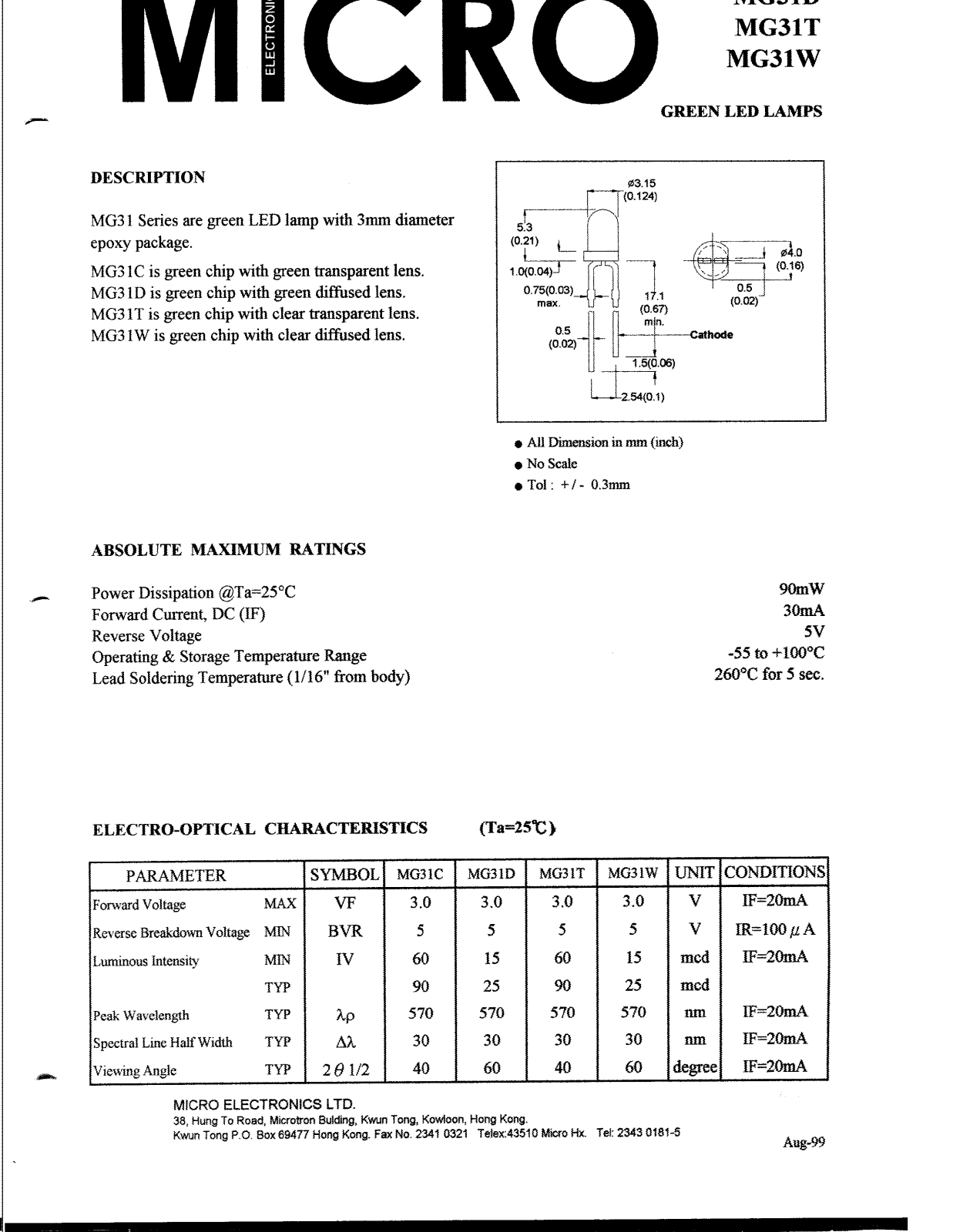 MICRO MG31C, MG31D, MG31T, MG31W Datasheet