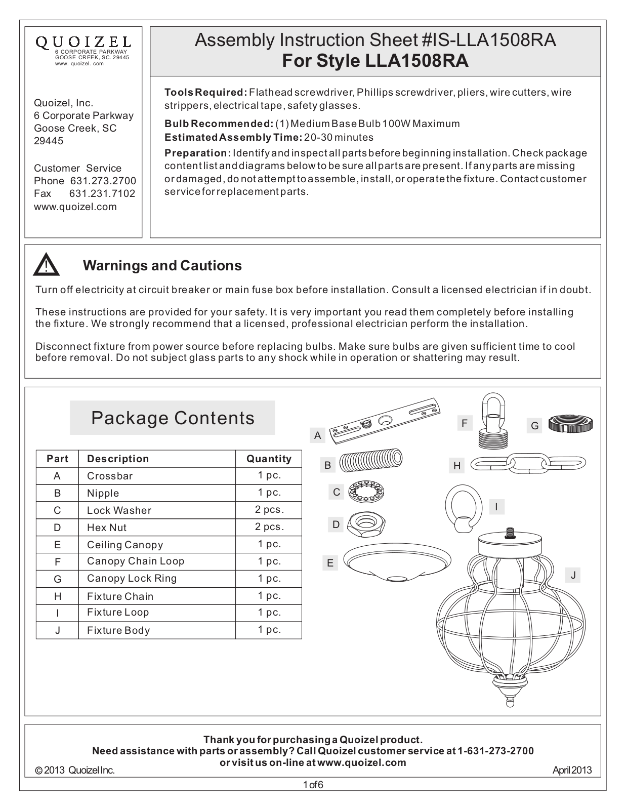 Quoizel LLA1508RA User Manual