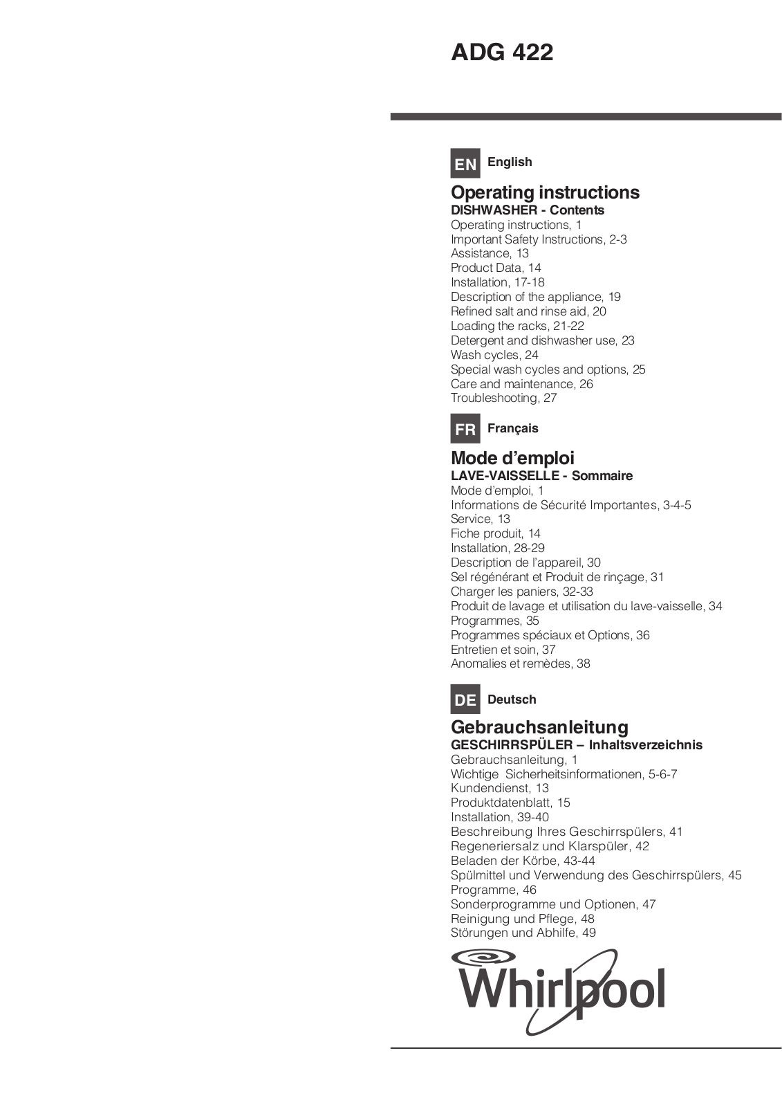 Whirlpool ADG 422 Operating Instructions