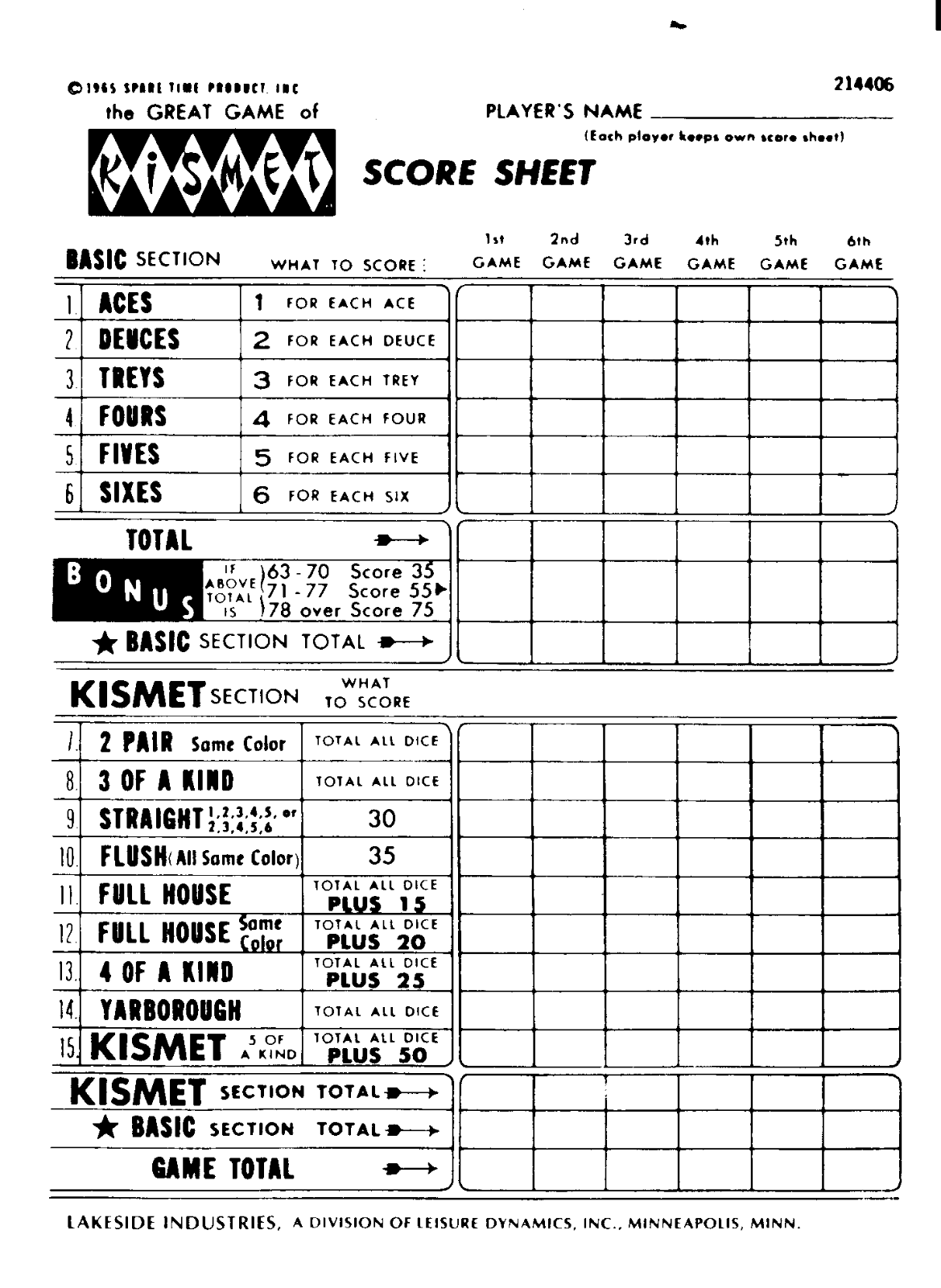 Hasbro KISMET SCORE SHEET