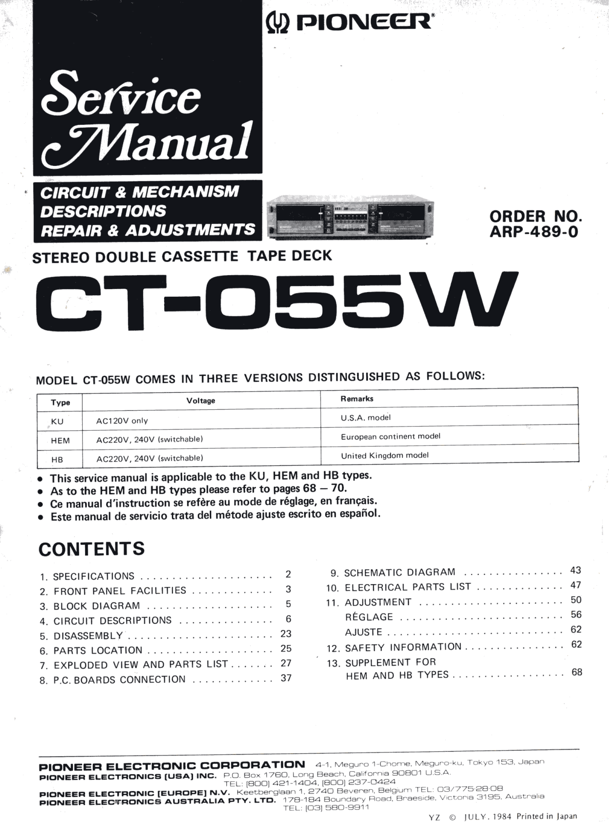 Pioneer CT-055-W Service manual