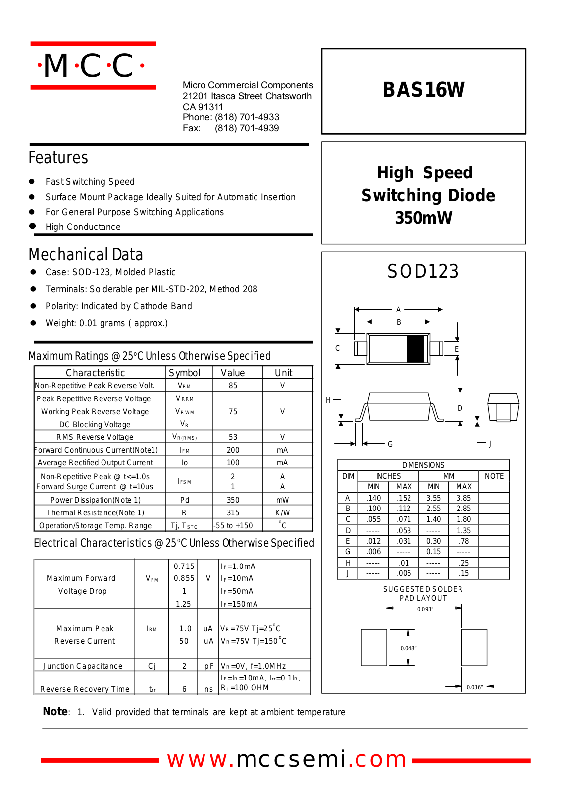 MCC BAS16W Datasheet