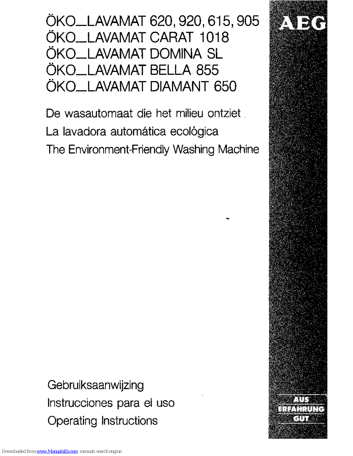 AEG OKO_LAVAMAT 905, OKO_LAVAMAT 920, OKO_LAVAMAT BELLA 855, OKO_LAVAMAT DIAMANT 650, OKO_LAVAMAT CARAT 1018 Operating Instructions Manual