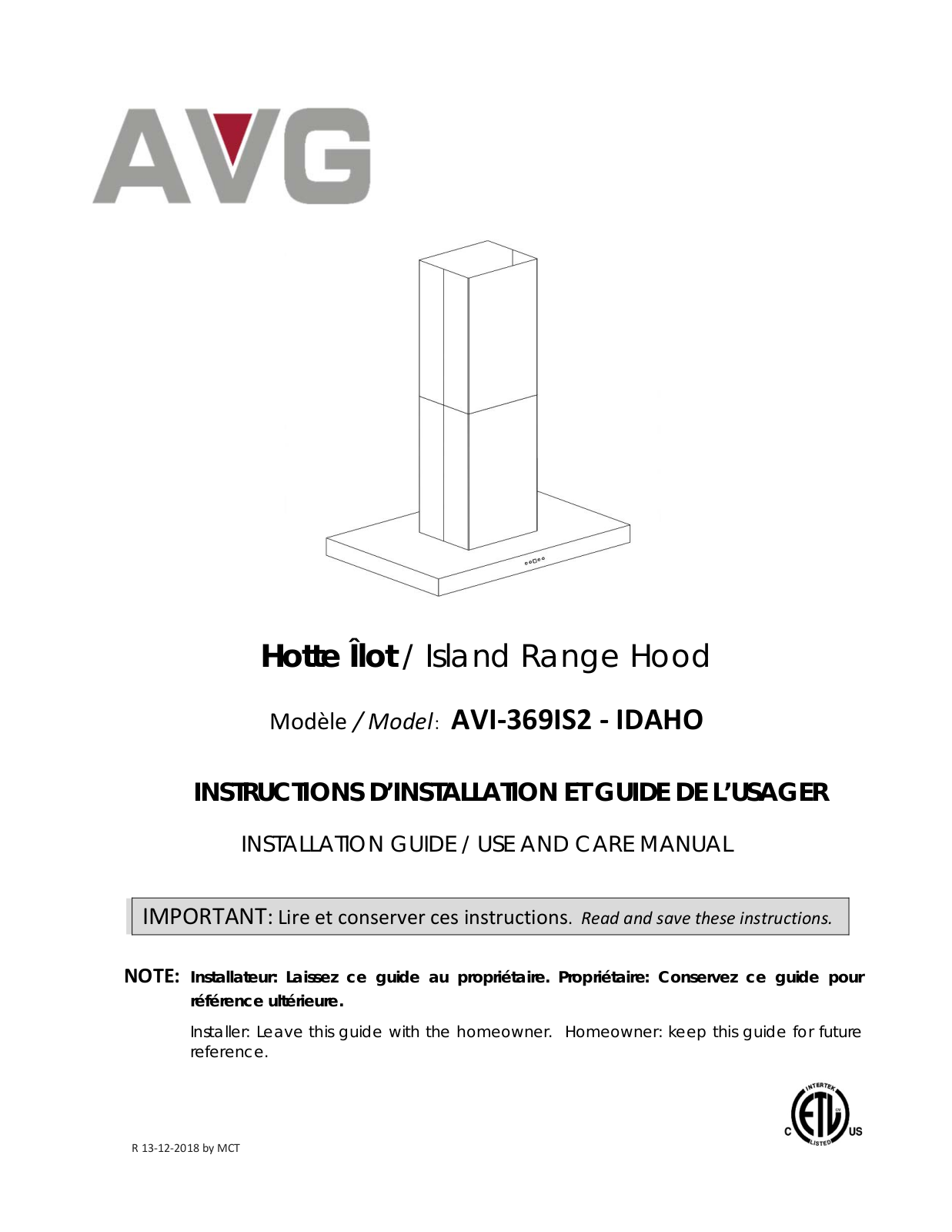 AVG AVI369IS2 INSTALLATION INSTRUCTIONS AND OPERATION MANUAL