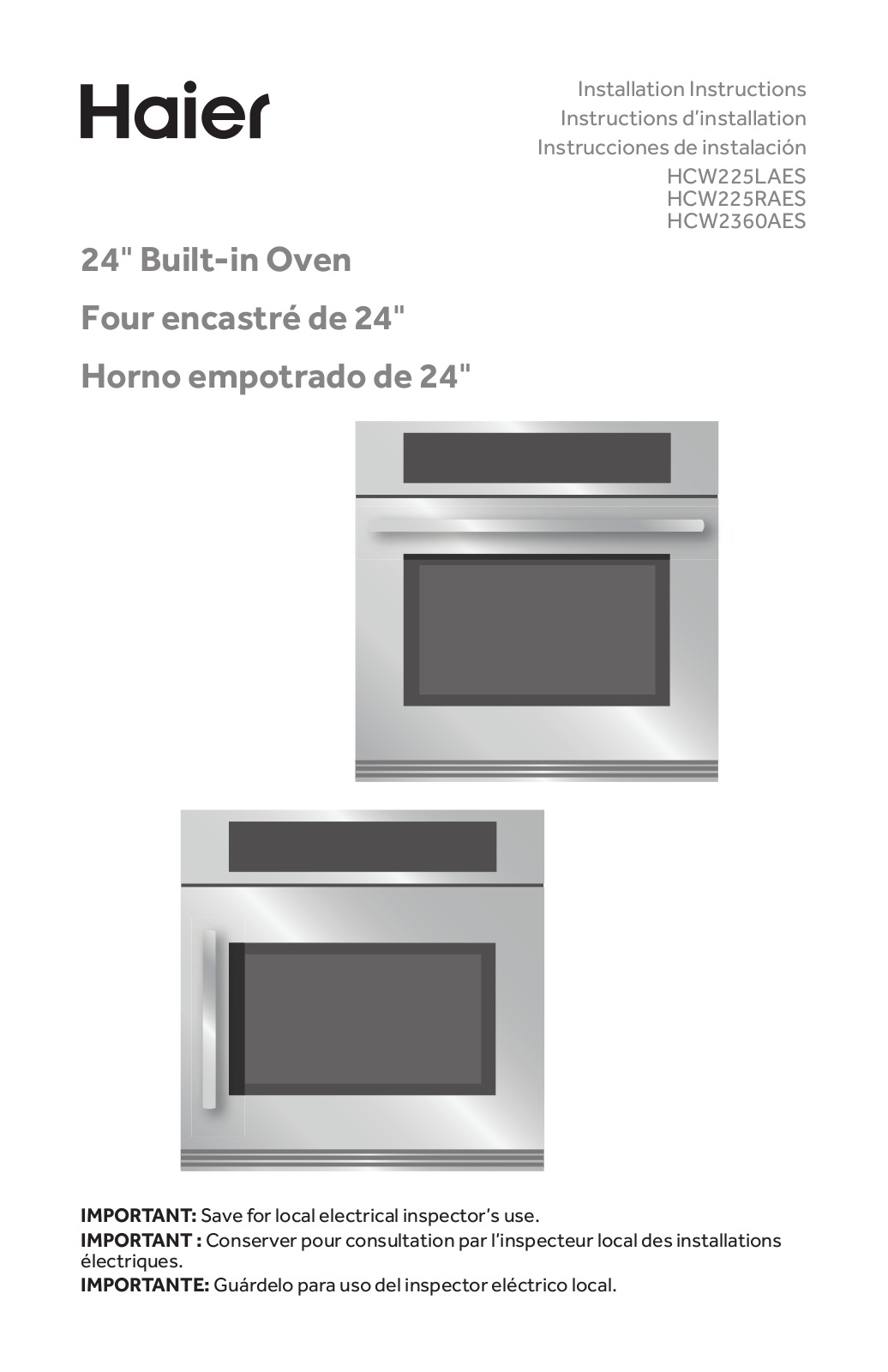 Haier HCW225RAES, HCW225LAES, HCW2360AES Installation Manual