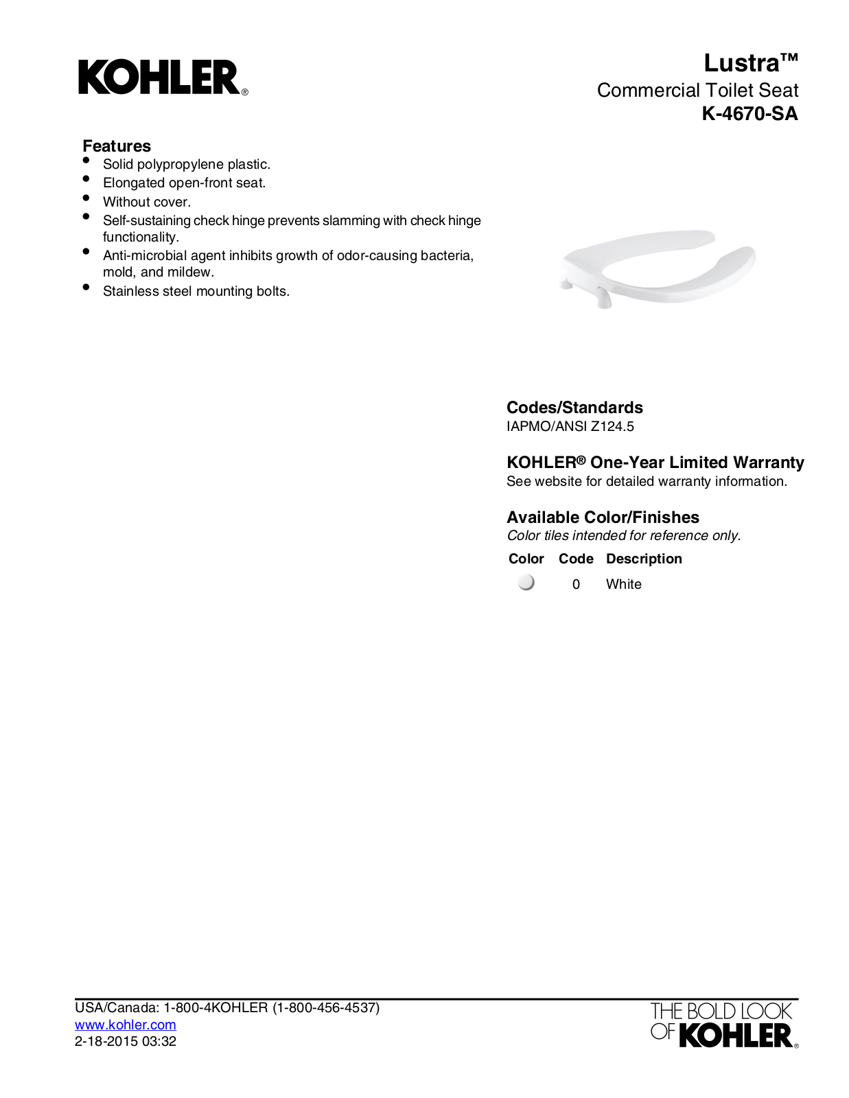 Kohler KOH17293 Specifications - ManualMachine.com