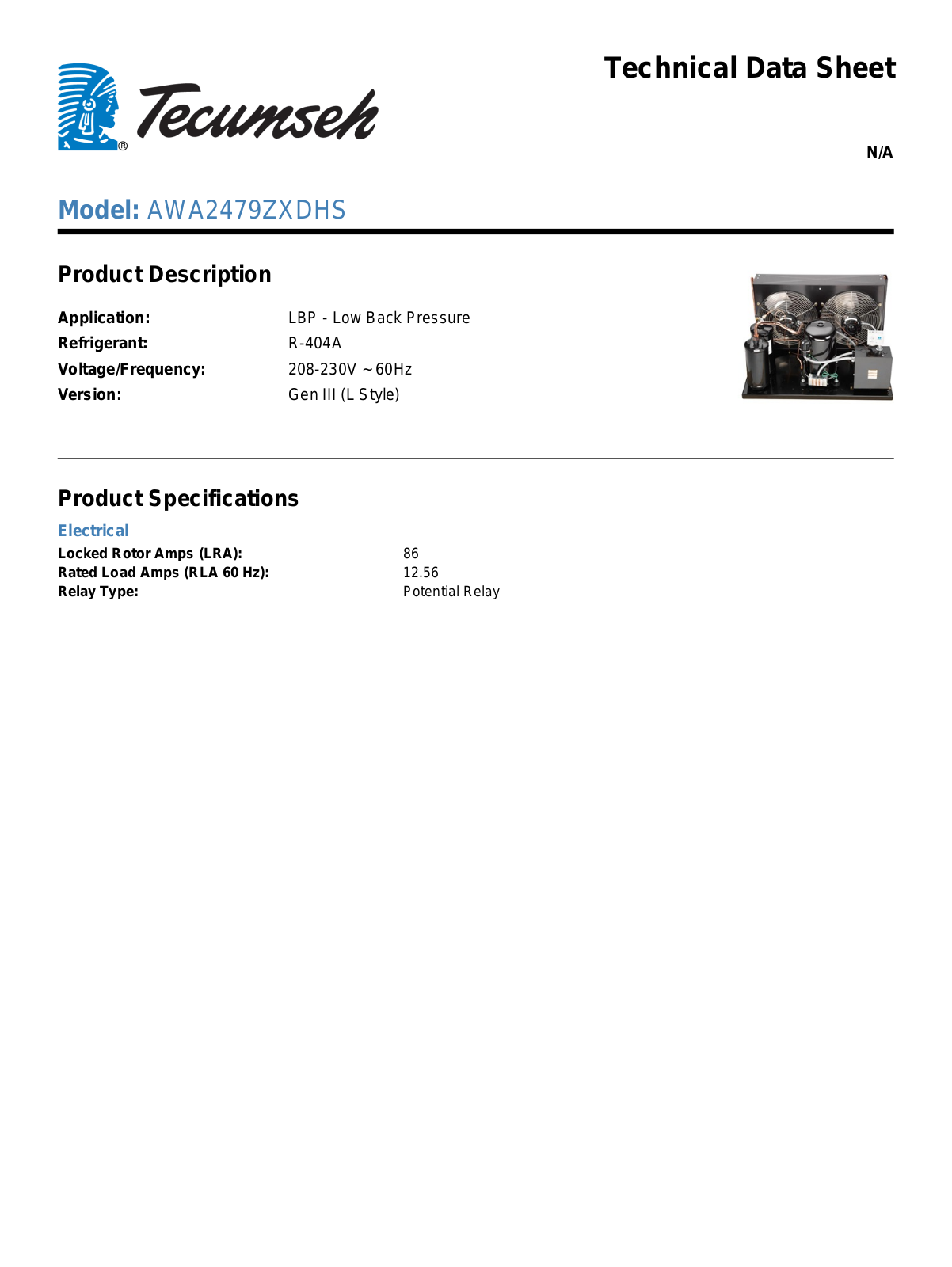 Tecumseh AWA2479ZXDHS Technical Data Sheet