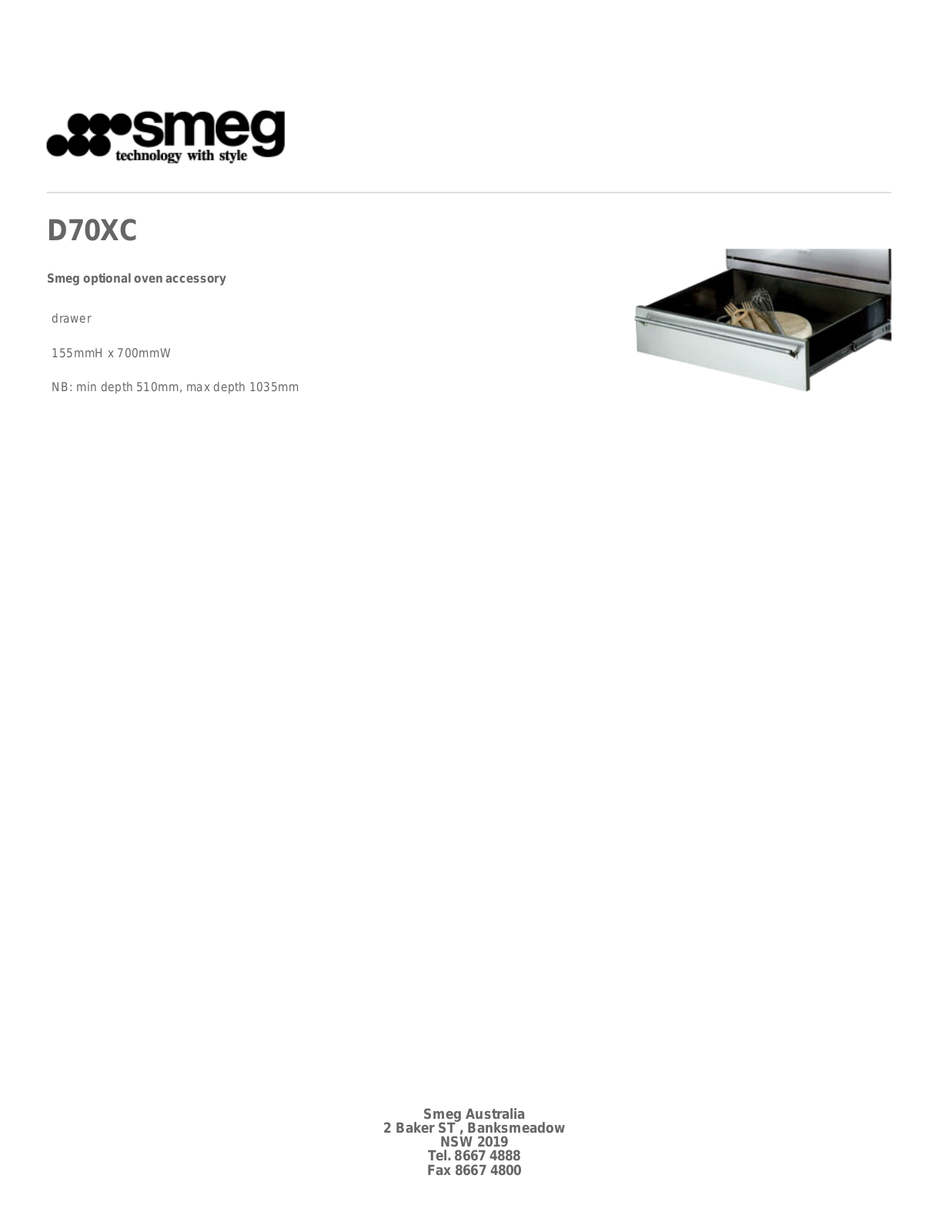 Smeg D70XC Specifications Sheet