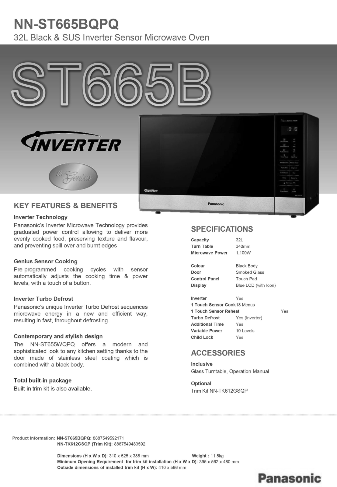 Panasonic NN-ST665B Specifications Sheet