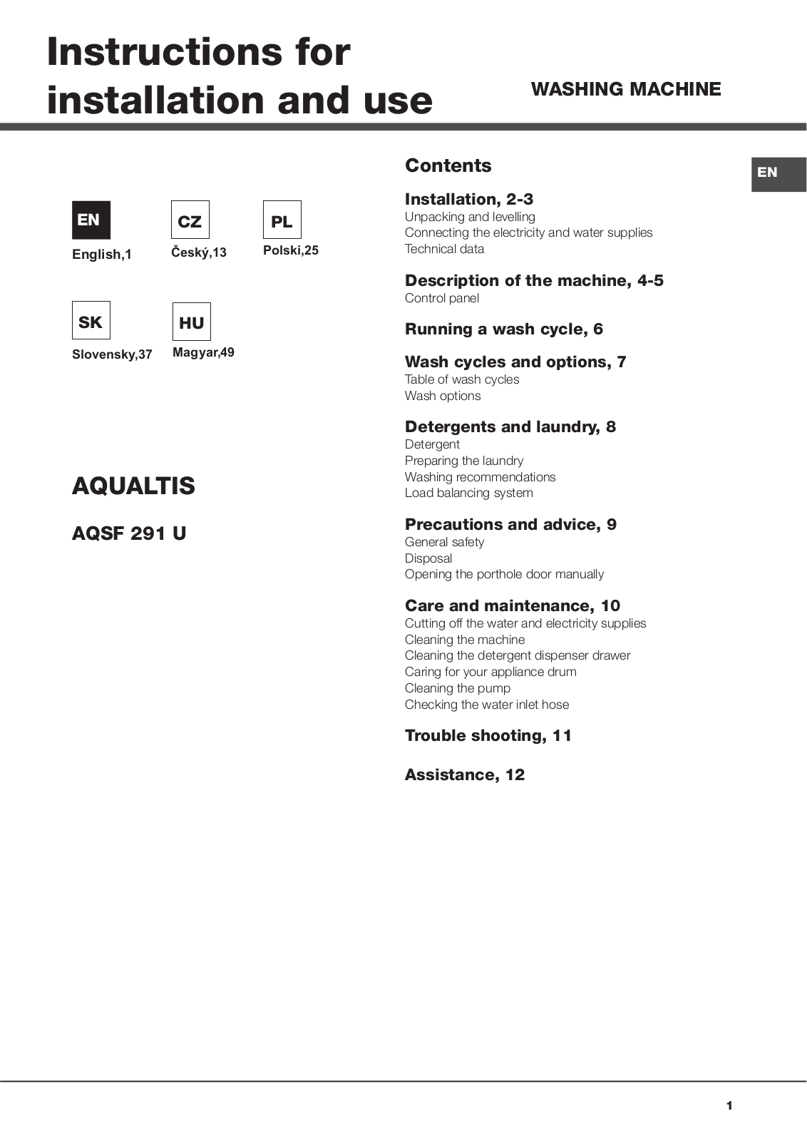 Hotpoint-Ariston AQSF 291 U User Manual