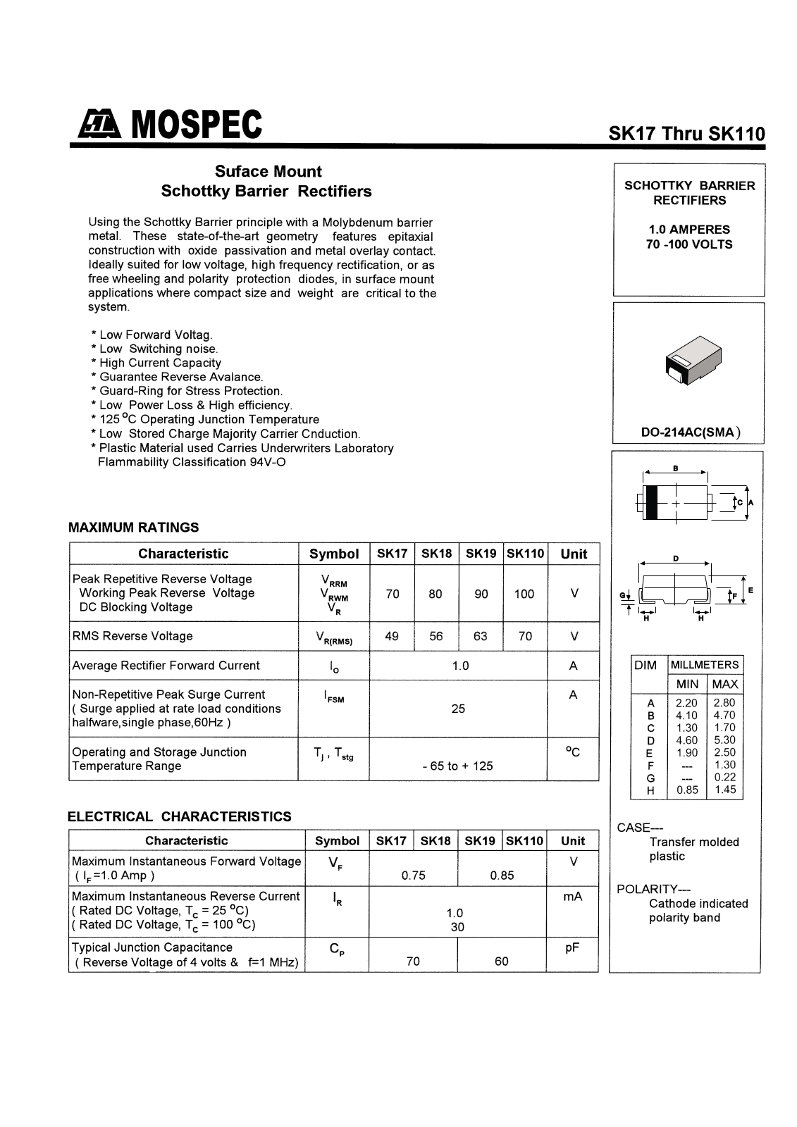 MOSPEC SK110, SK17, SK18, SK19 Datasheet