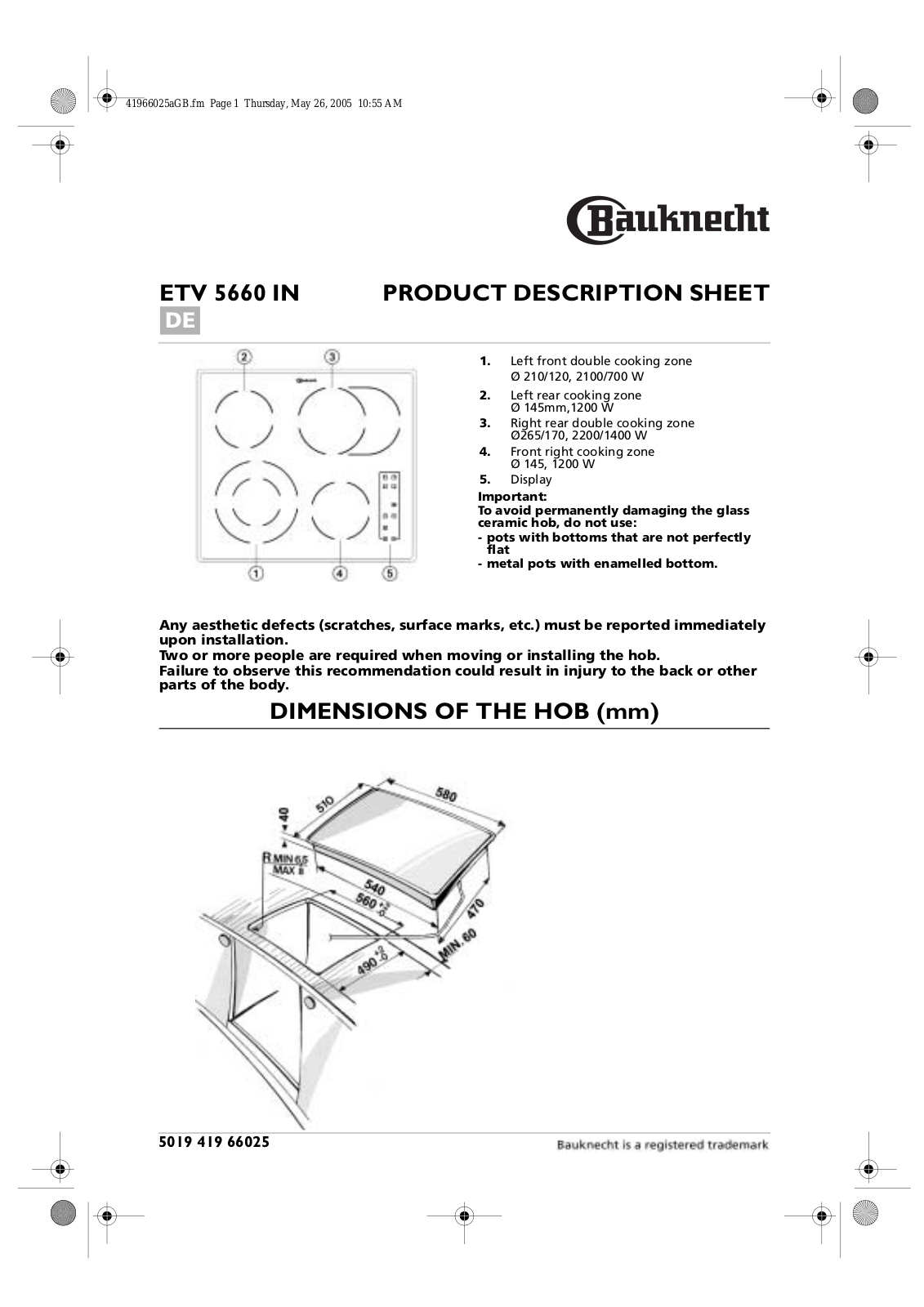 Whirlpool ETV 5660 IN BK PROGRAM CHART