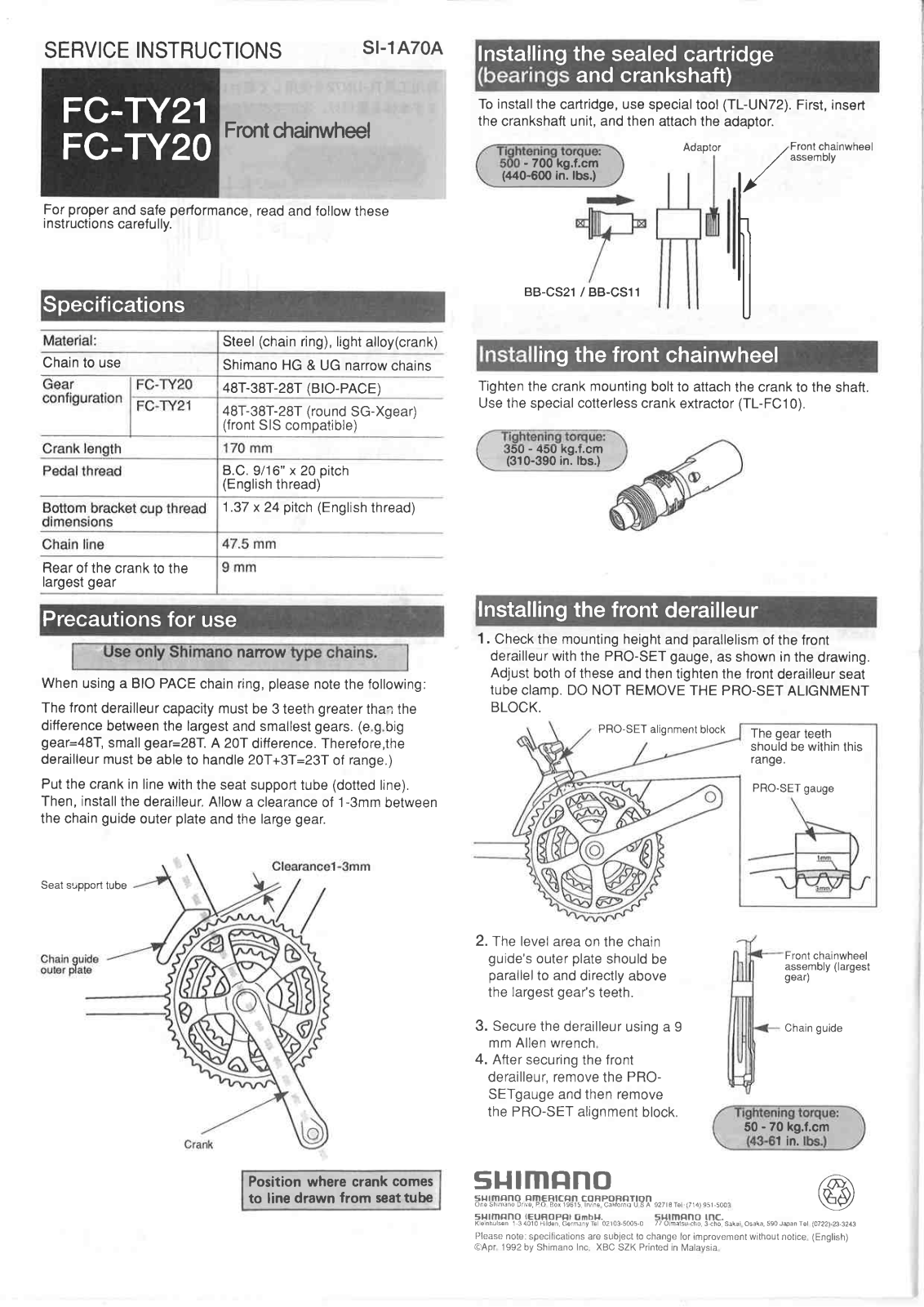 Shimano FC-TY20, FC-TY21 Service Instructions - ManualMachine.com