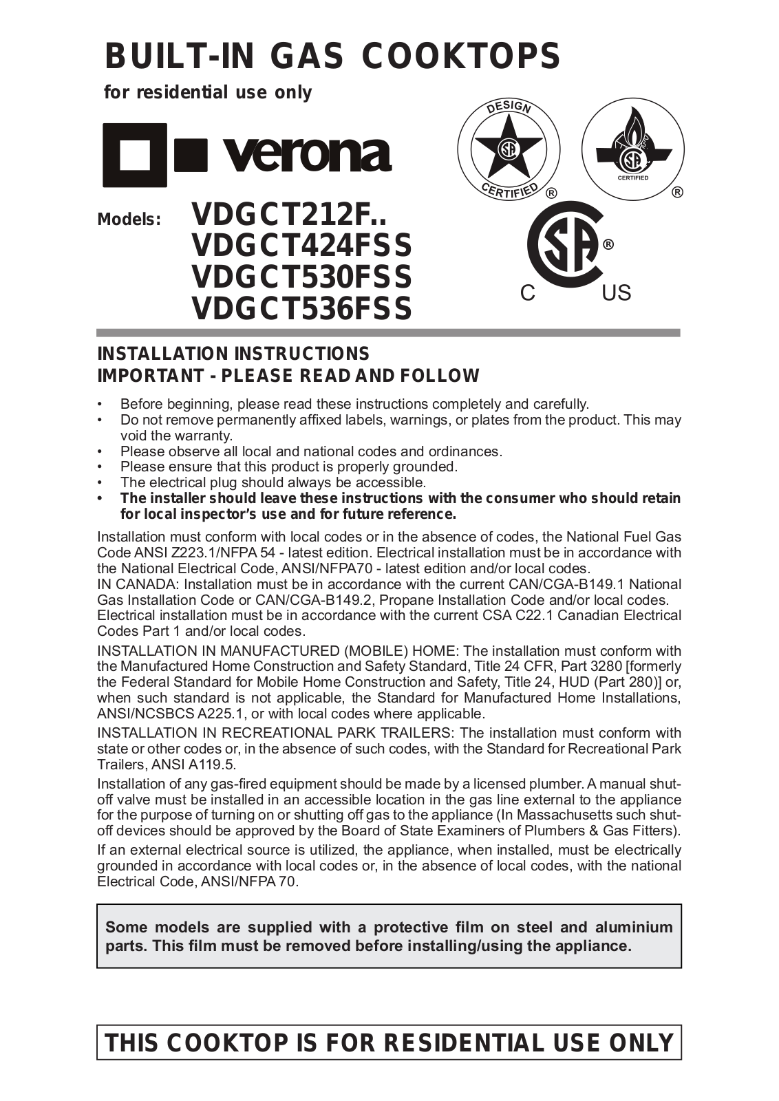 Verona VDGCT212F, VDGCT424FSS, VDGCT530FSS, VDGCT536FSS User manual