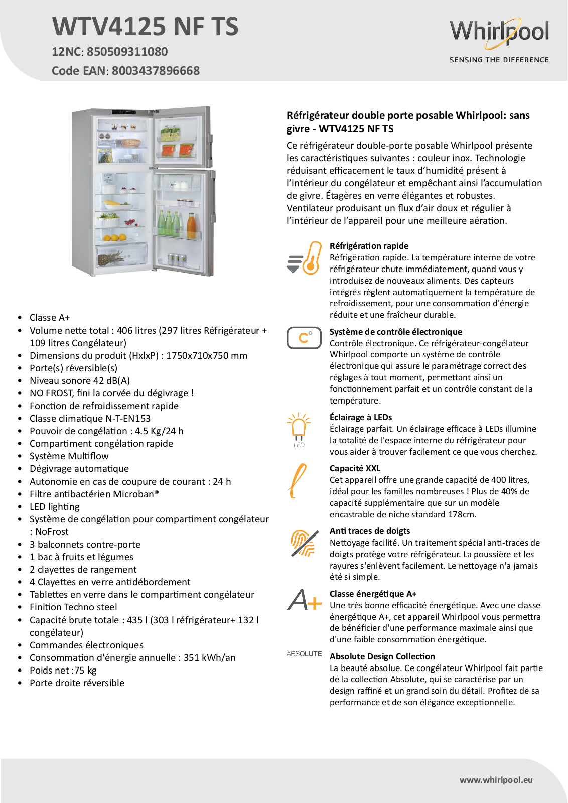 Whirlpool WTV4125 NF TS Product information