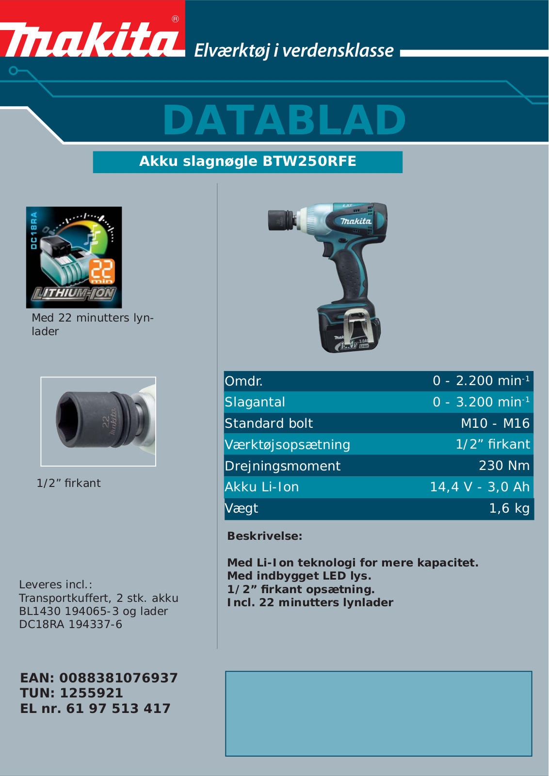 Makita BTW250RFE DATASHEET