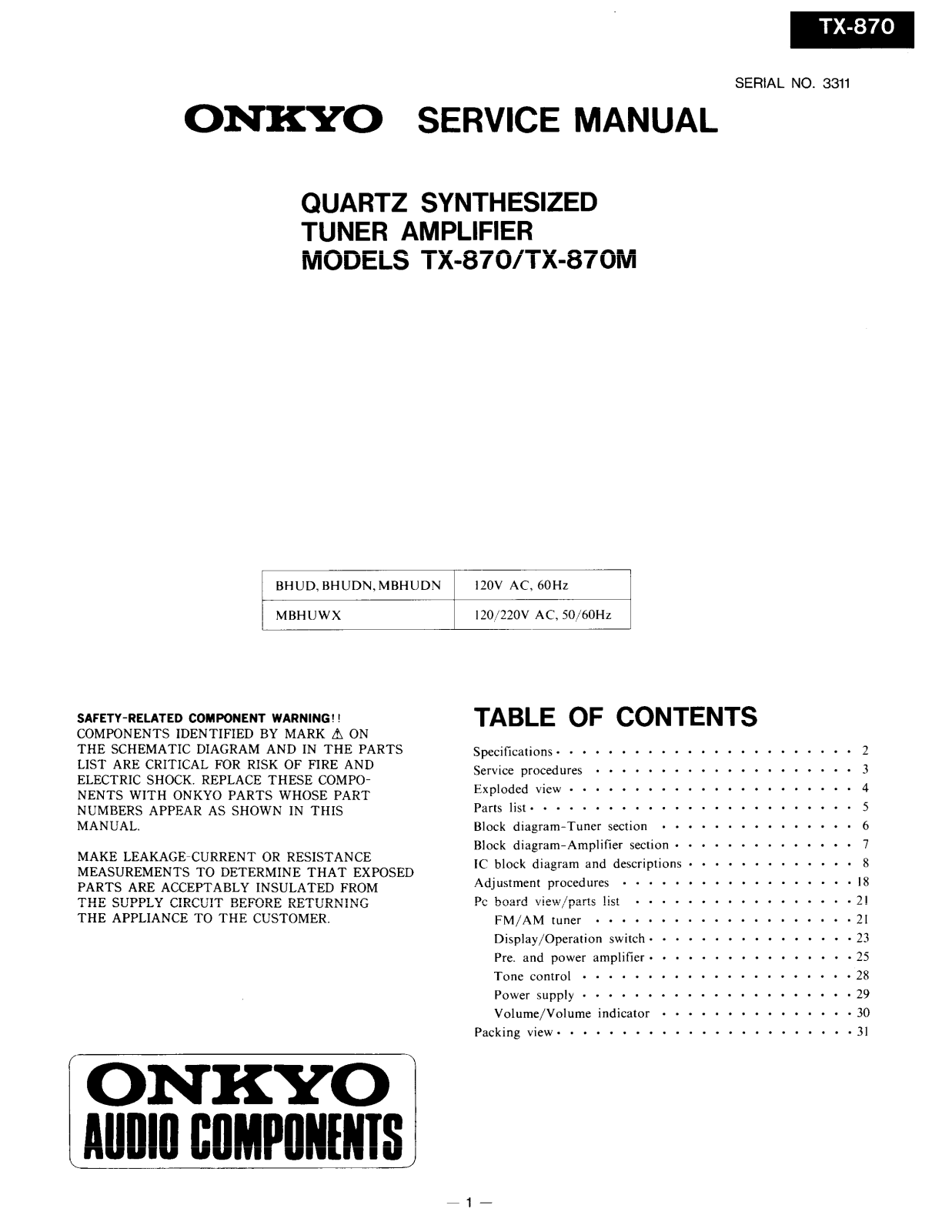 Onkyo TX-870-M, TX-870 Service Manual