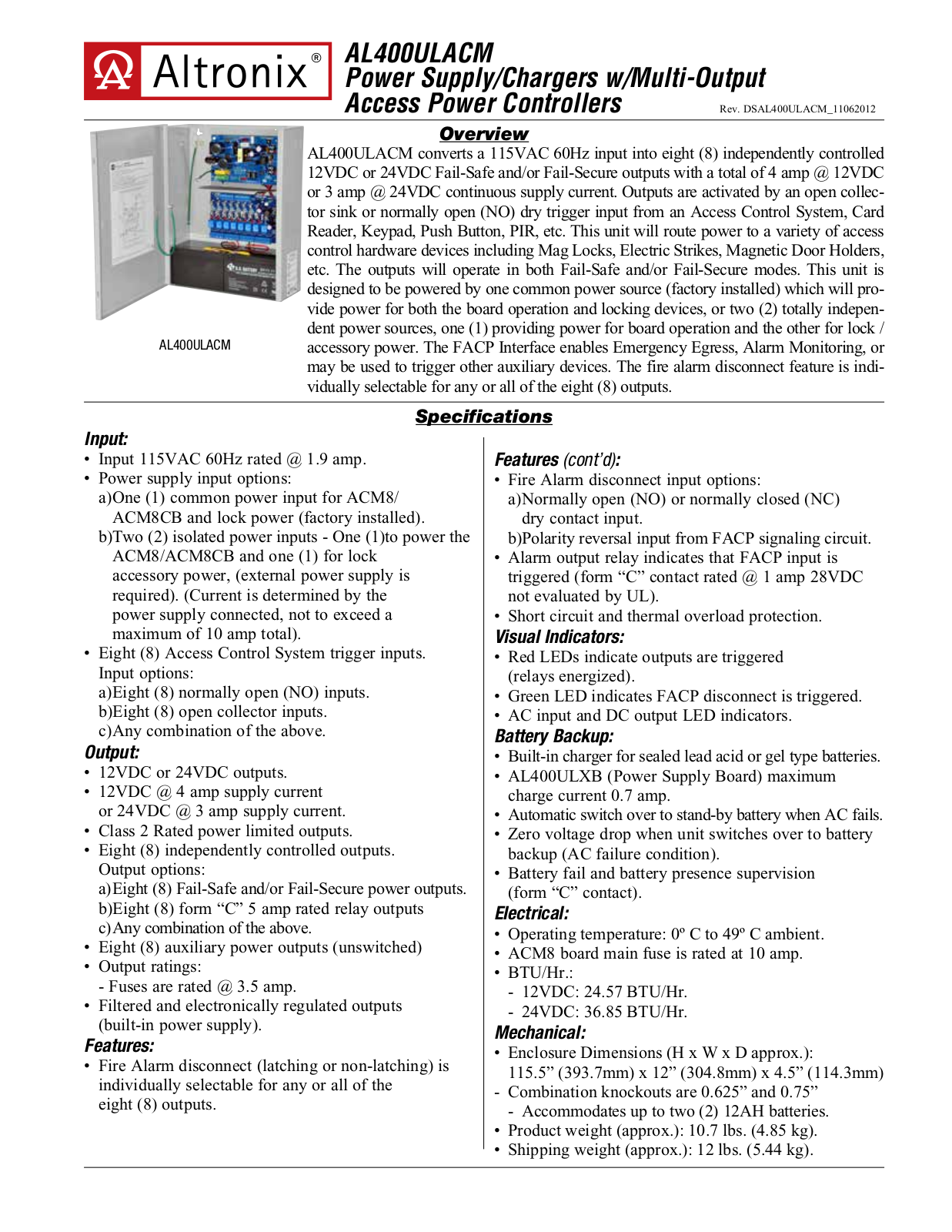 Altronix AL400ULACM Specsheet